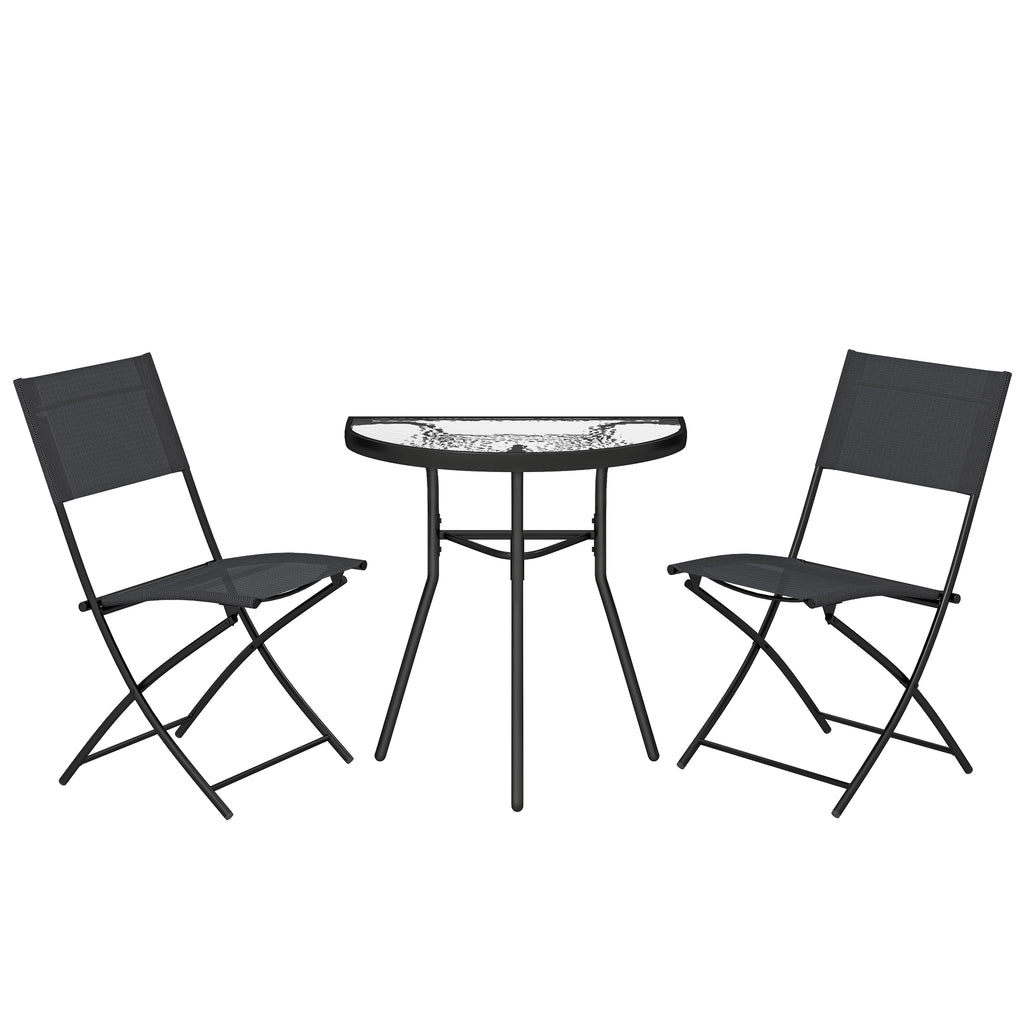 Outsunny 3-Piece Bistro Set with 2 Texteline Chairs, Semi-Circular Tempered Glass Table, Black