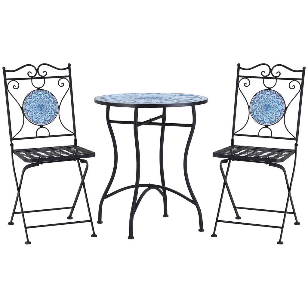 3-Piece Garden Set, Coffee Table and 2 Folding Chairs with Mosaic, Blue