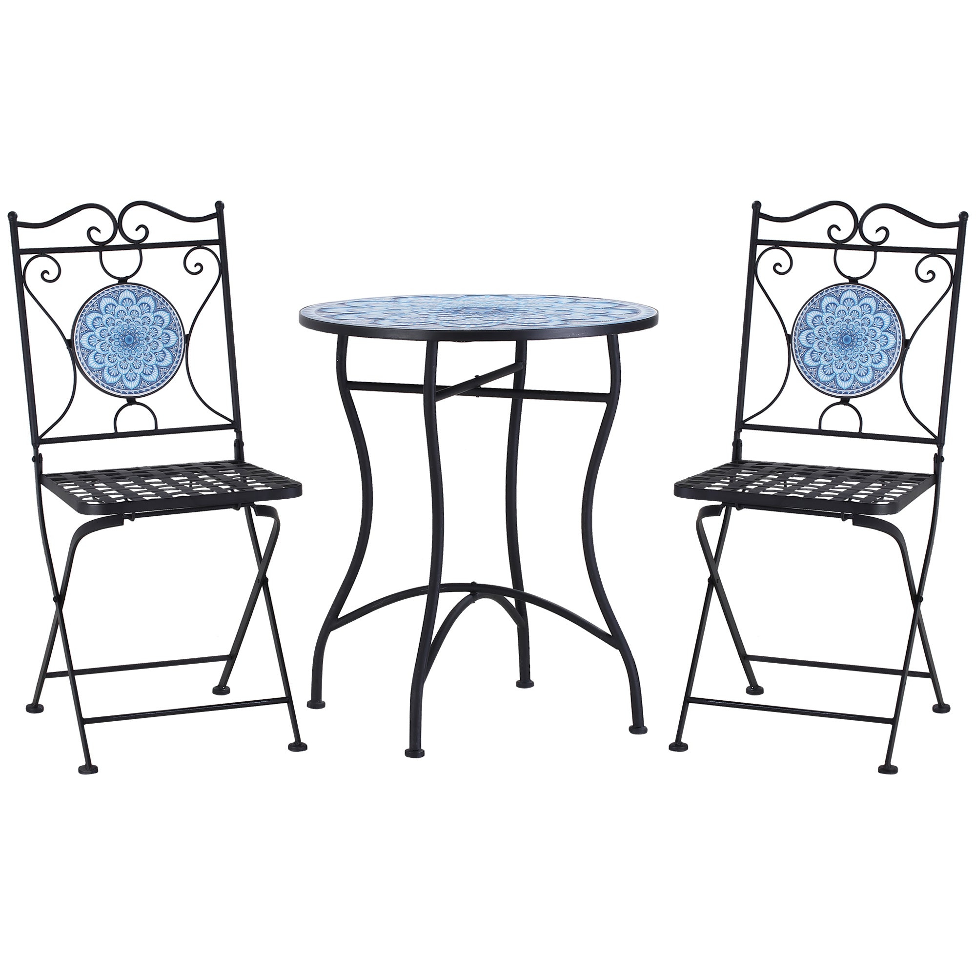 3-Piece Garden Set, Coffee Table and 2 Folding Chairs with Mosaic, Blue