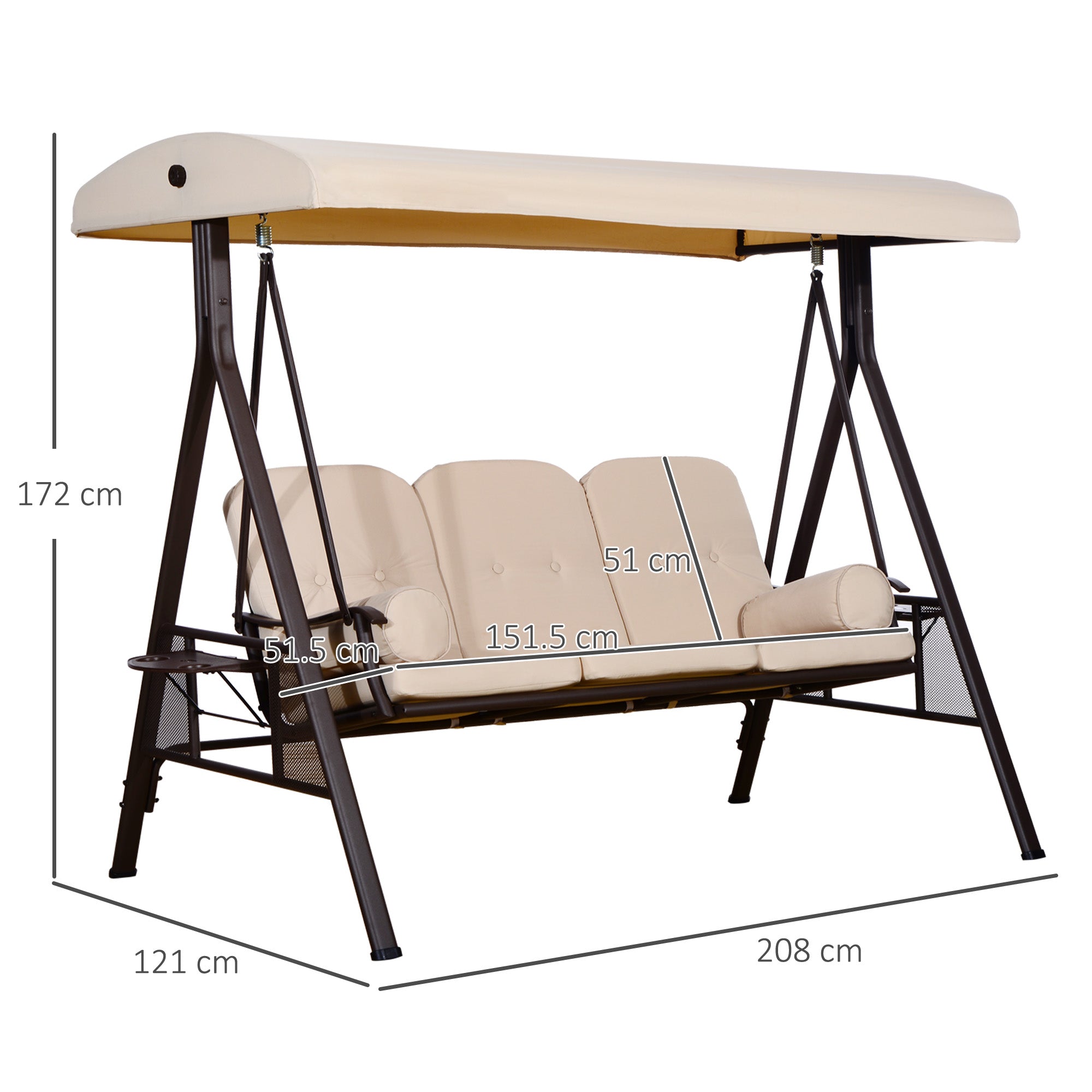 3-Seater Swing with Adjustable Roof, Cup Holder and Cushions, in Metal and Polyester, 208x121x172 cm, Beige