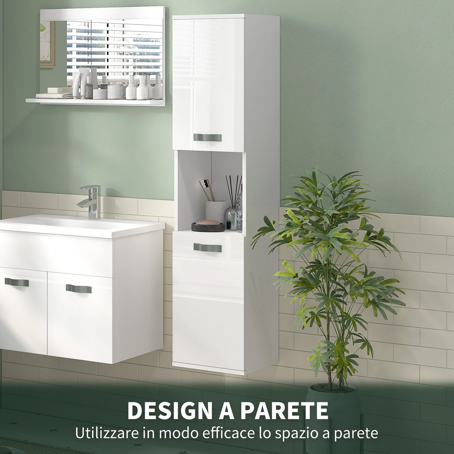 Wall Mounted Wooden Bathroom Cabinet with 2 Cabinets, 2 Shelves and Open Shelf, 30x30x131.5 cm, White