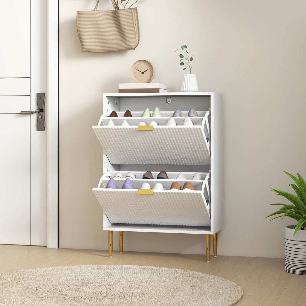 Slim Shoe Rack for 12 Pairs of Shoes with 2 Drop-Down Drawers and Adjustable Shelves, 60x24x91.5 cm, White