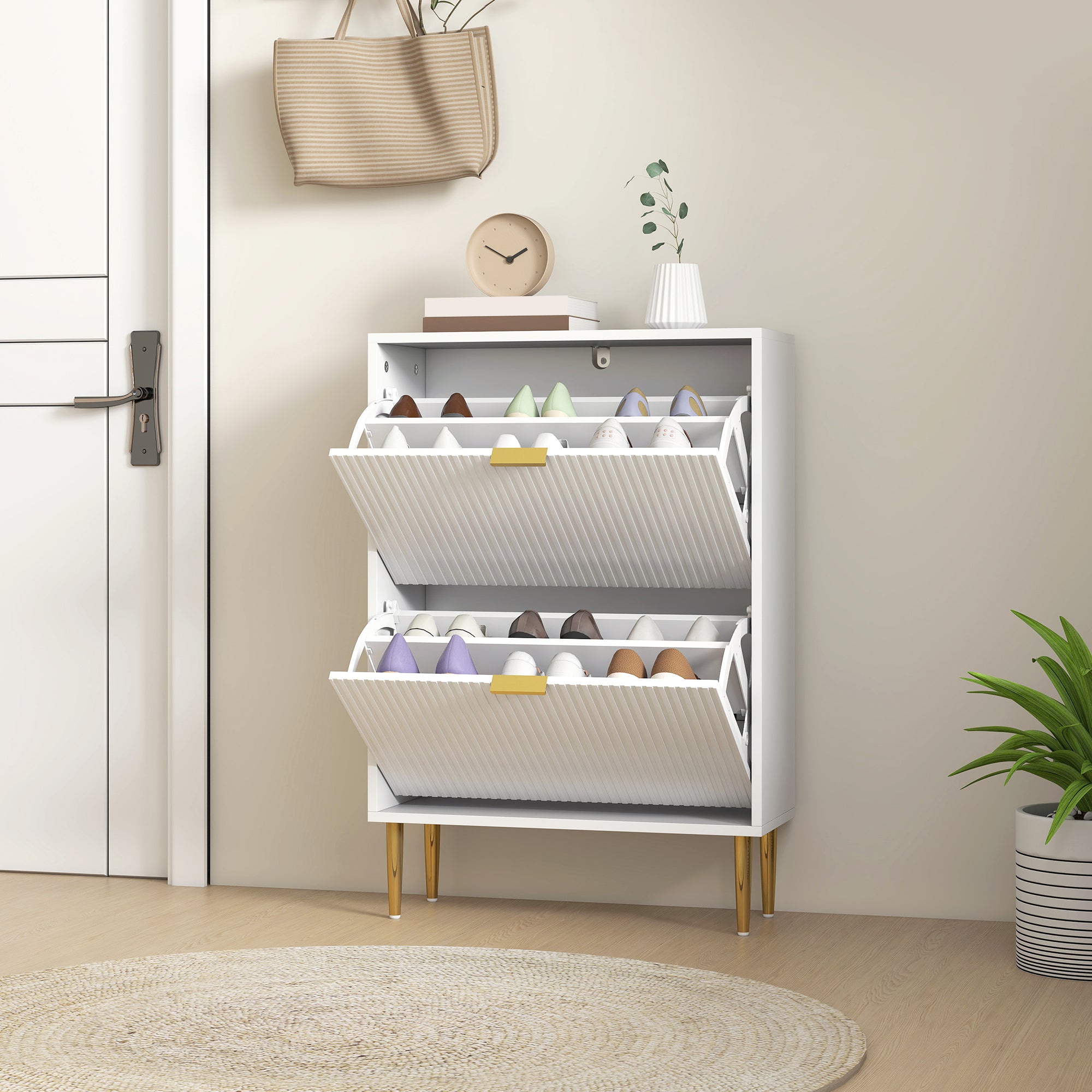 Slim Shoe Rack for 12 Pairs of Shoes with 2 Drop-Down Drawers and Adjustable Shelves, 60x24x91.5 cm, White