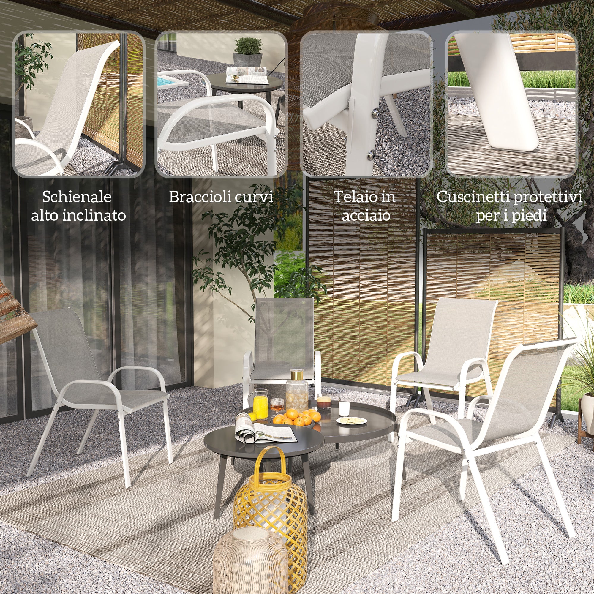 Outsunny Set of 4 Stackable Garden Chairs with Curved Armrests, Steel and Breathable Fabric, 54x71x93 cm, Grey and White