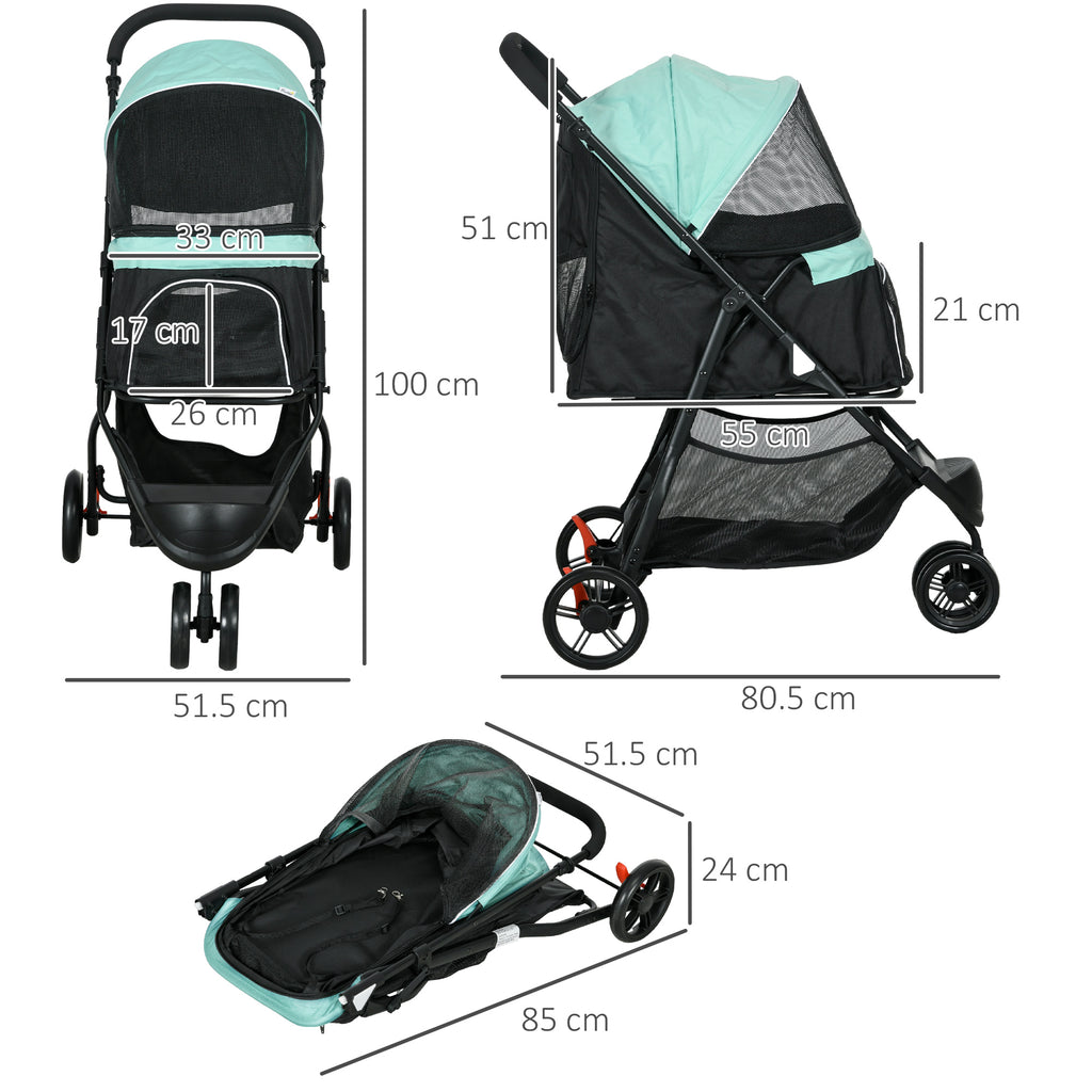 3-Wheel Folding Small Dog Stroller with Rain Cover and Basket, Green