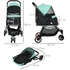 3-Wheel Folding Small Dog Stroller with Rain Cover and Basket, Green