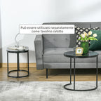 Set of 2 Coffee Tables with Marble Effect Top, in Wood and Steel, Ø50x50.5 cm and 60x36x43.5 cm, Black