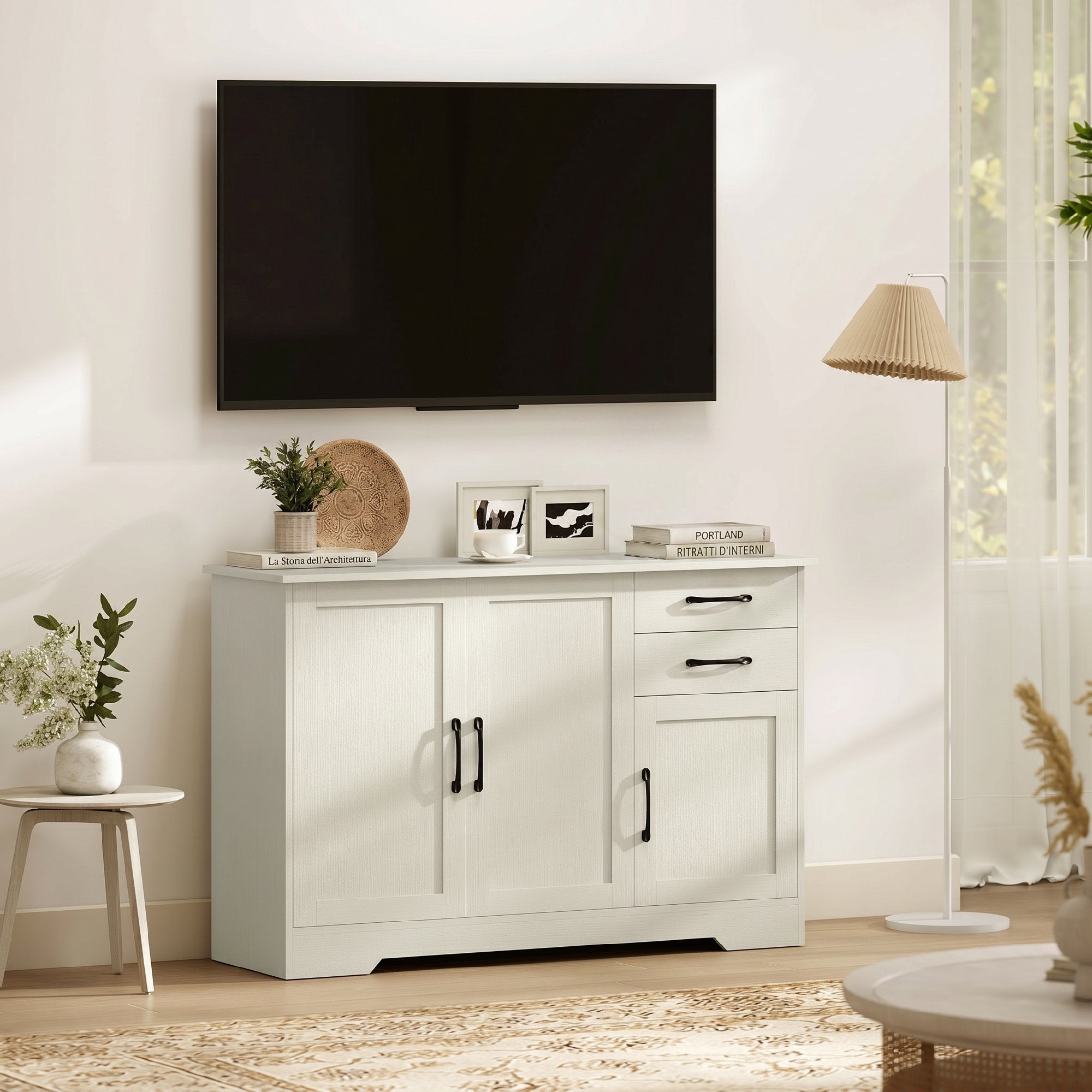 HOMCOM Kitchen Cabinet with 2 Drawers and 3 Cabinets, Adjustable Shelves, 120x38x79 cm, Cream