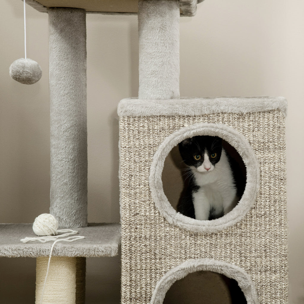 Cat Scratching Post for Cats up to 5kg with Bed and Play Ball, Made of Chipboard, Plush and Sisal, 60x40x91 cm