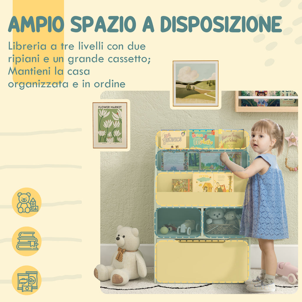 Small Children's Bookcase with MDF Shelves and Drawer, 60x29.9x90cm, Green