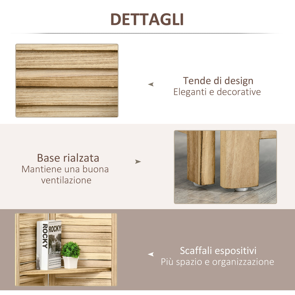 4-Panel Folding Room Divider with Shelves, Paulownia Wood, 162 x 170 cm, Wood