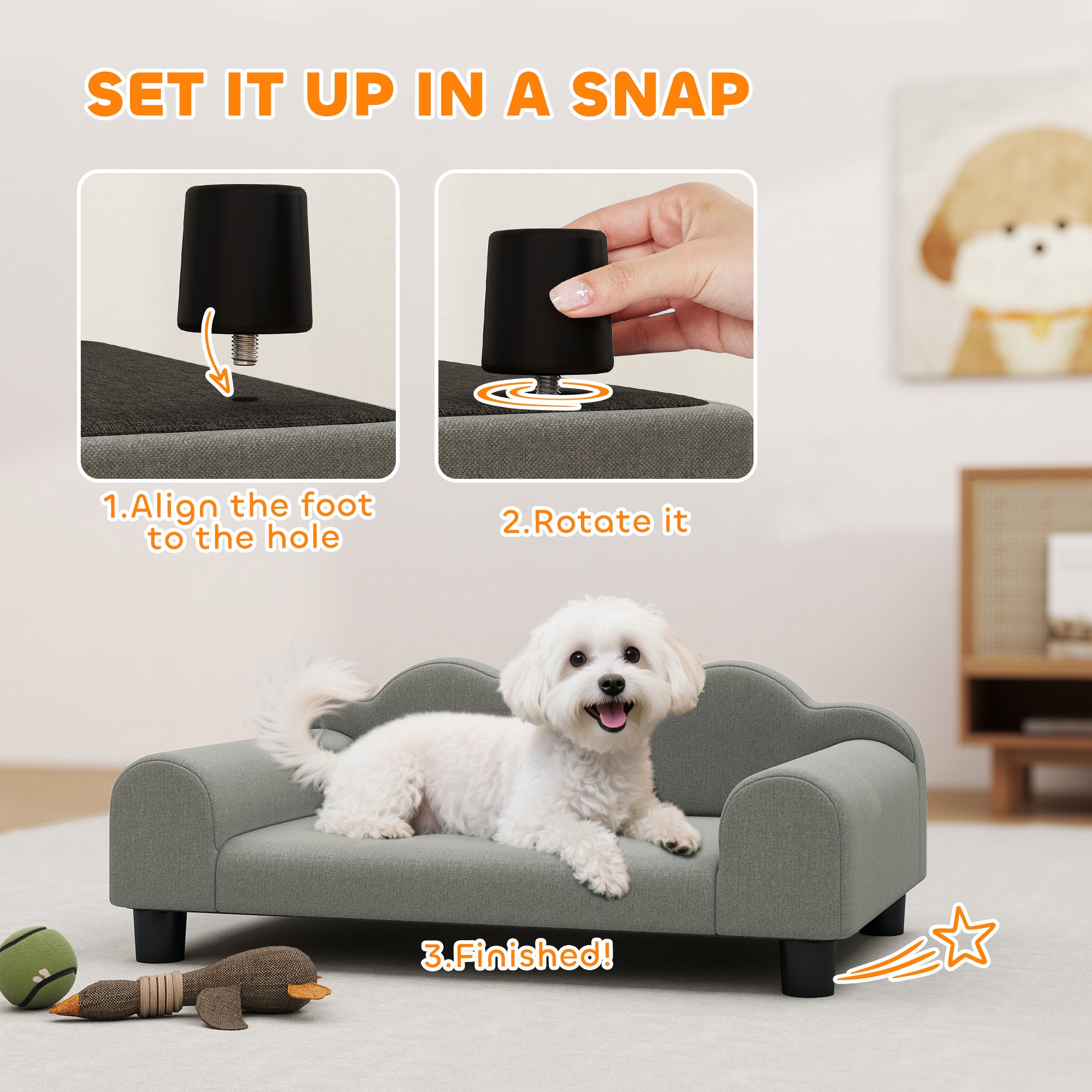 Dog Sofa with Supportive Armrests, Wood and French Terry Fabric, 66x42x28.5 cm, Grey