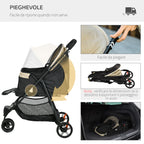 3-Wheel Folding Small Dog Stroller with Rain Cover and Basket, Khaki