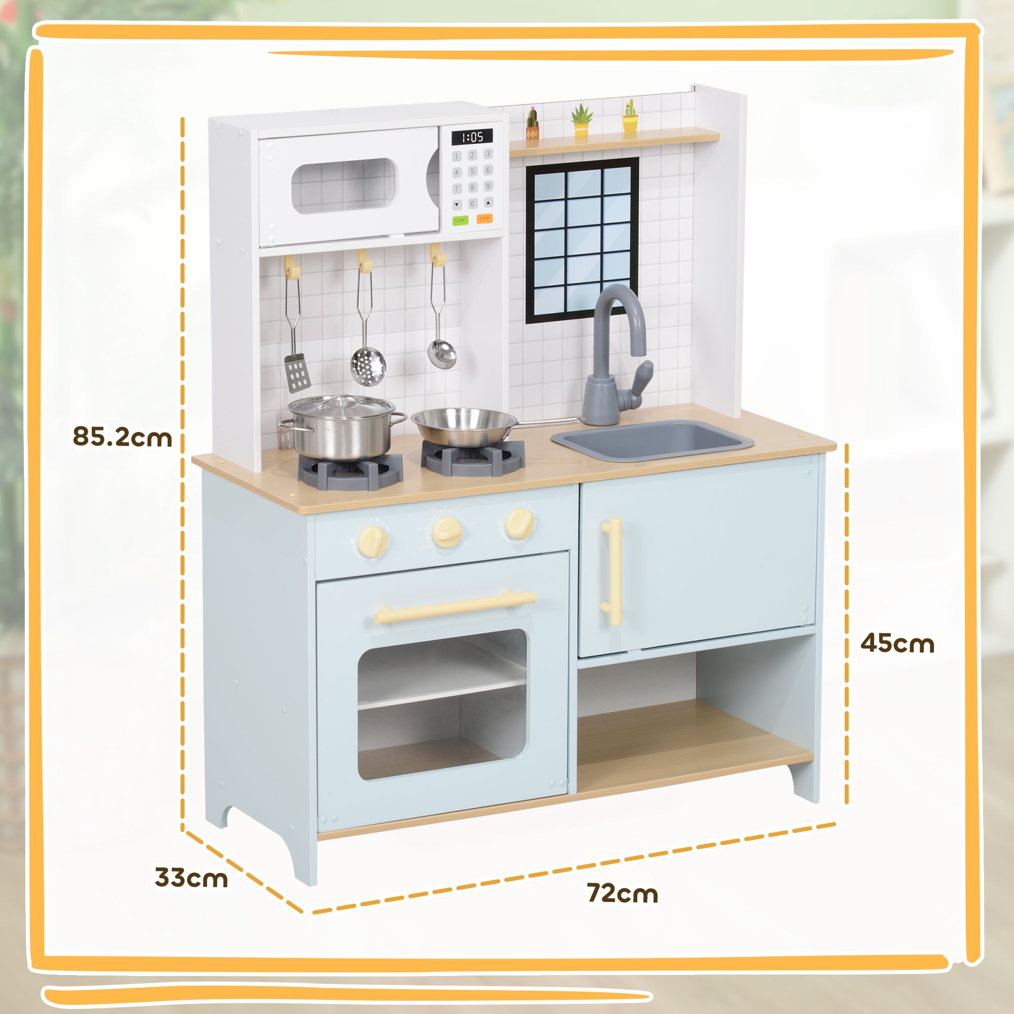 Children's Toy Kitchen with Stove and Cabinets, Made of Steel, Wood and PP, 72x33x85.2 cm, Blue and White