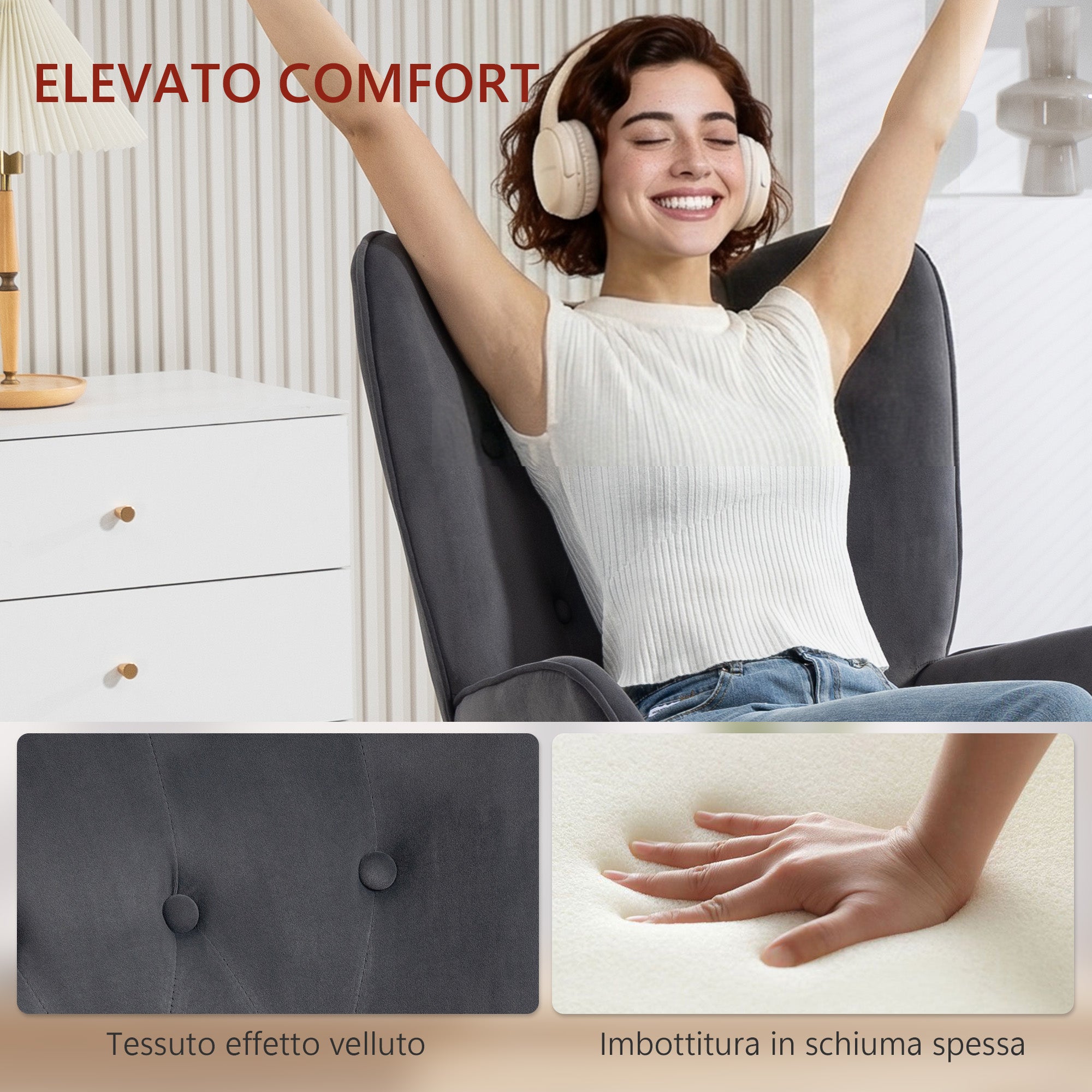 Swivel Lounge Chair with Velvet Armrests, Rocking and Adjustable Height, Dark Grey