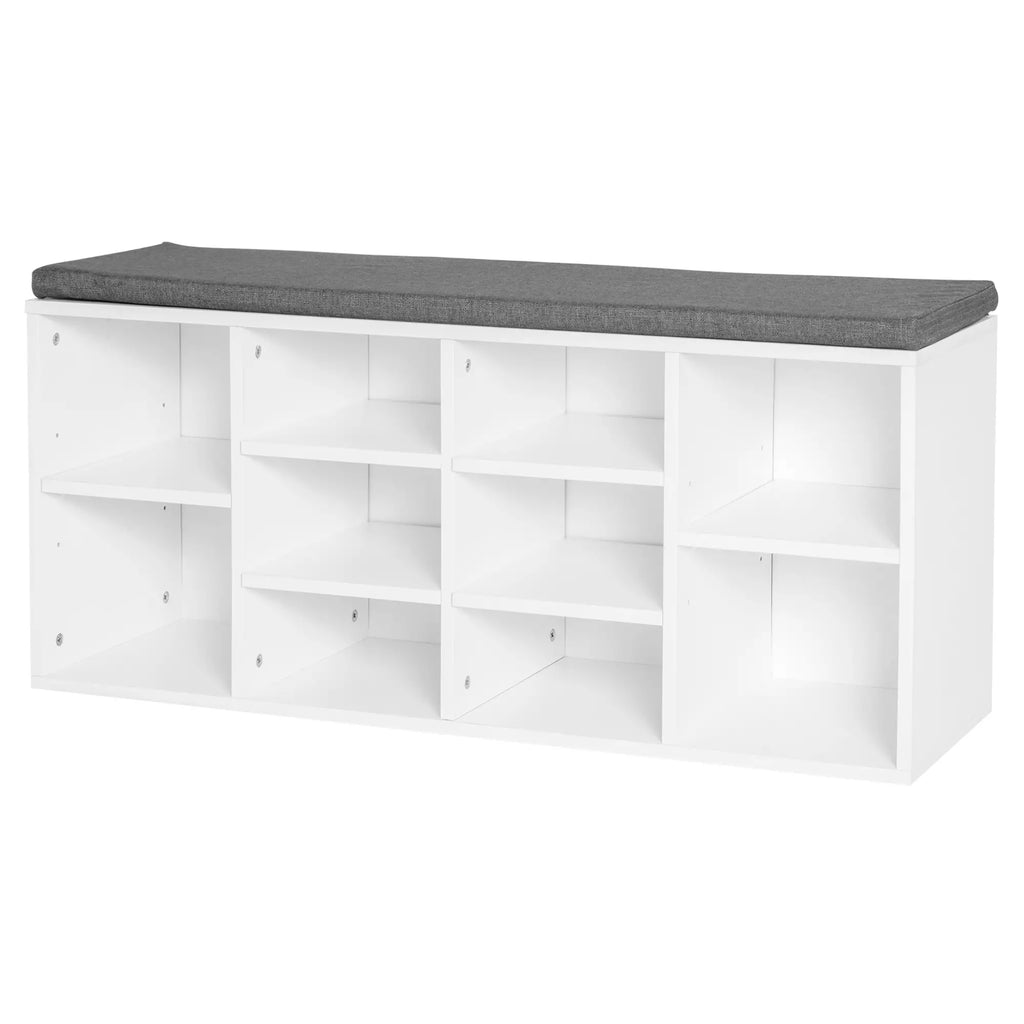 Shoe Rack Bench 8-10 Pairs of Shoes Adjustable Shelves, Wood, White, 104 x 30 x 48 cm