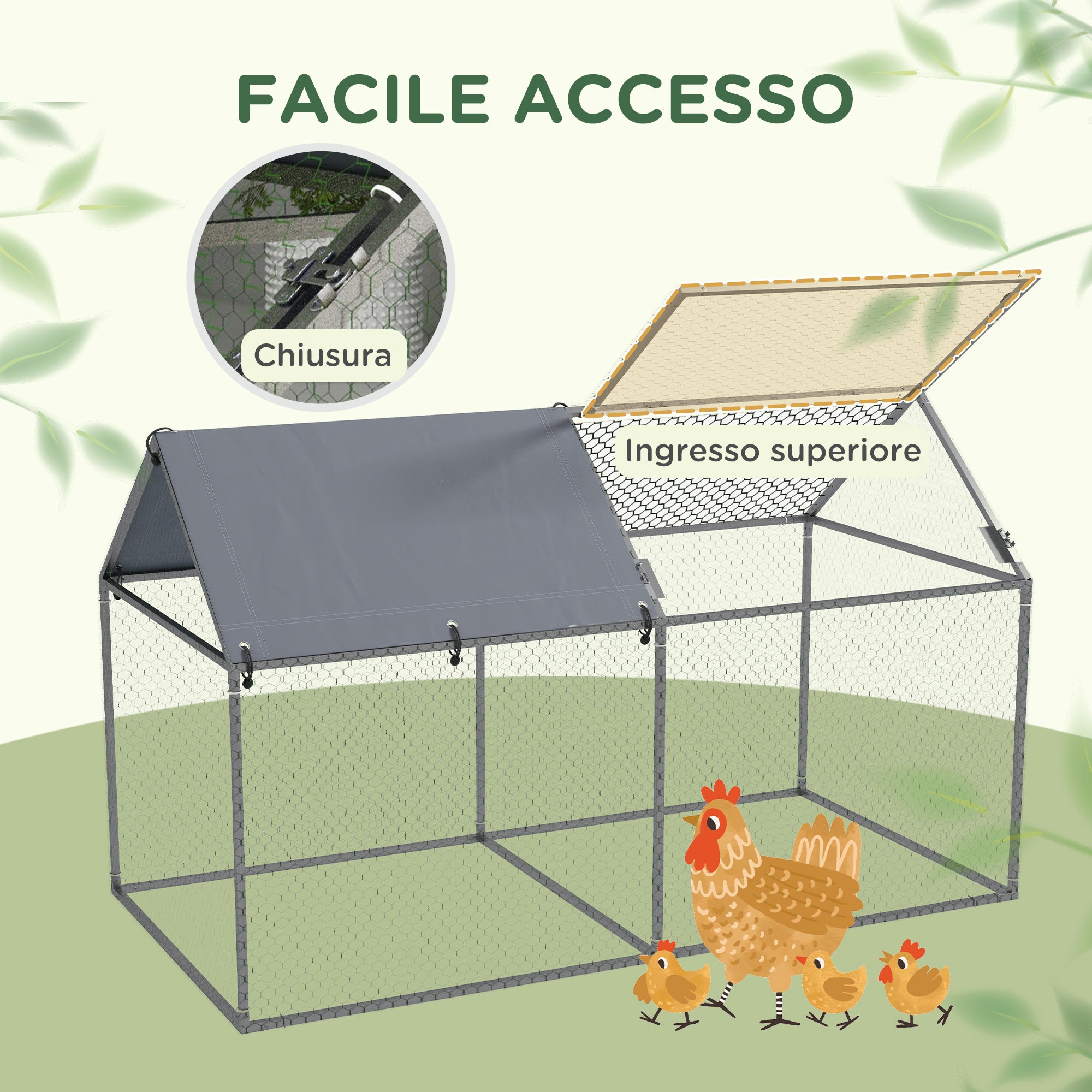 Steel Pet Cage with Oxford Fabric Roof and Stakes, 198x100x120 cm, Green and Silver