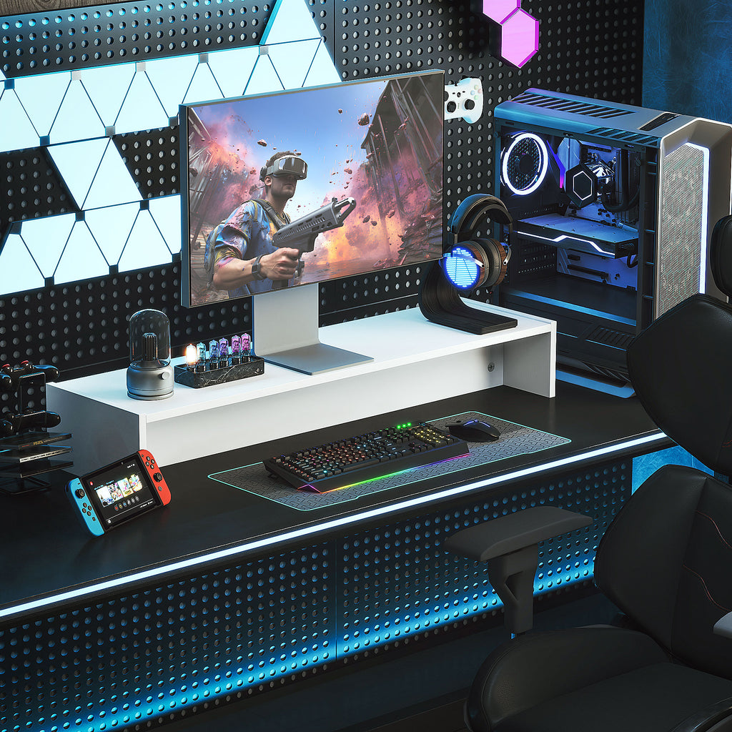 Monitor Stand with 2 Wooden Storage Compartments, 100x27x15 cm, White