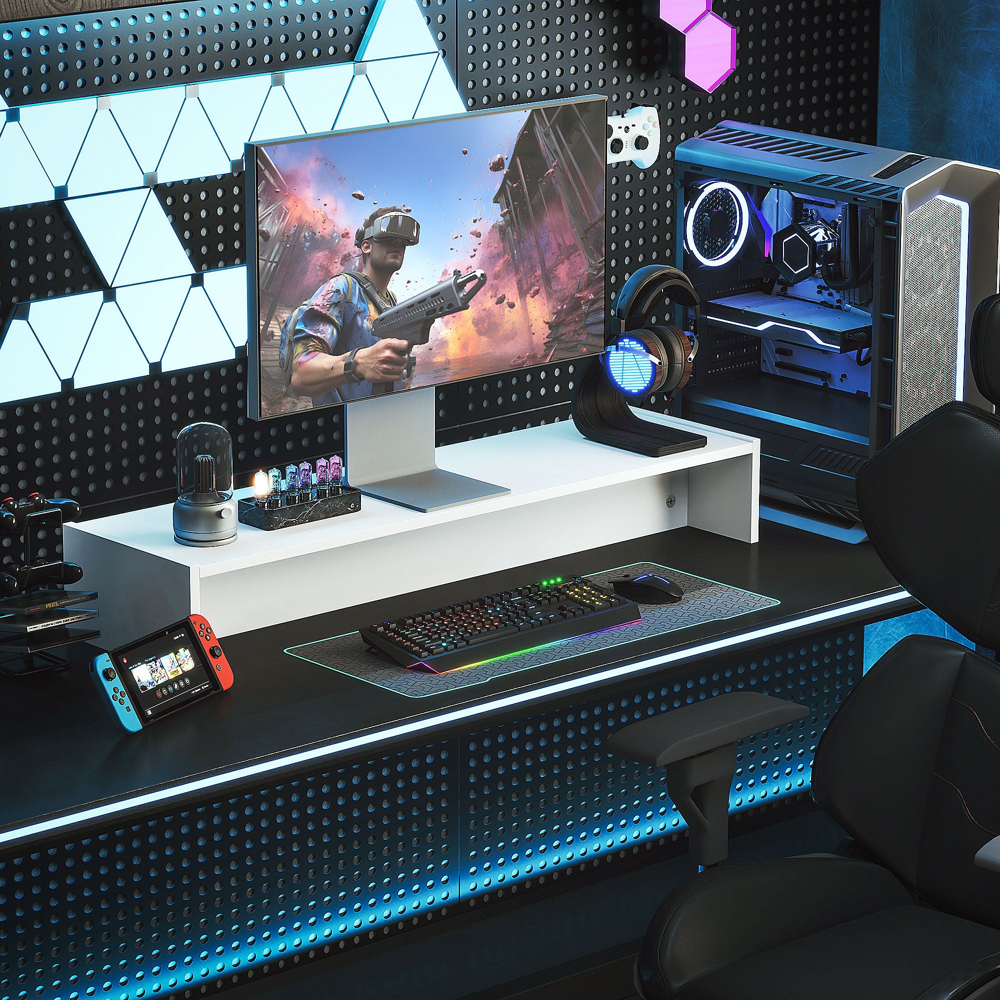 Monitor Stand with 2 Wooden Storage Compartments, 100x27x15 cm, White