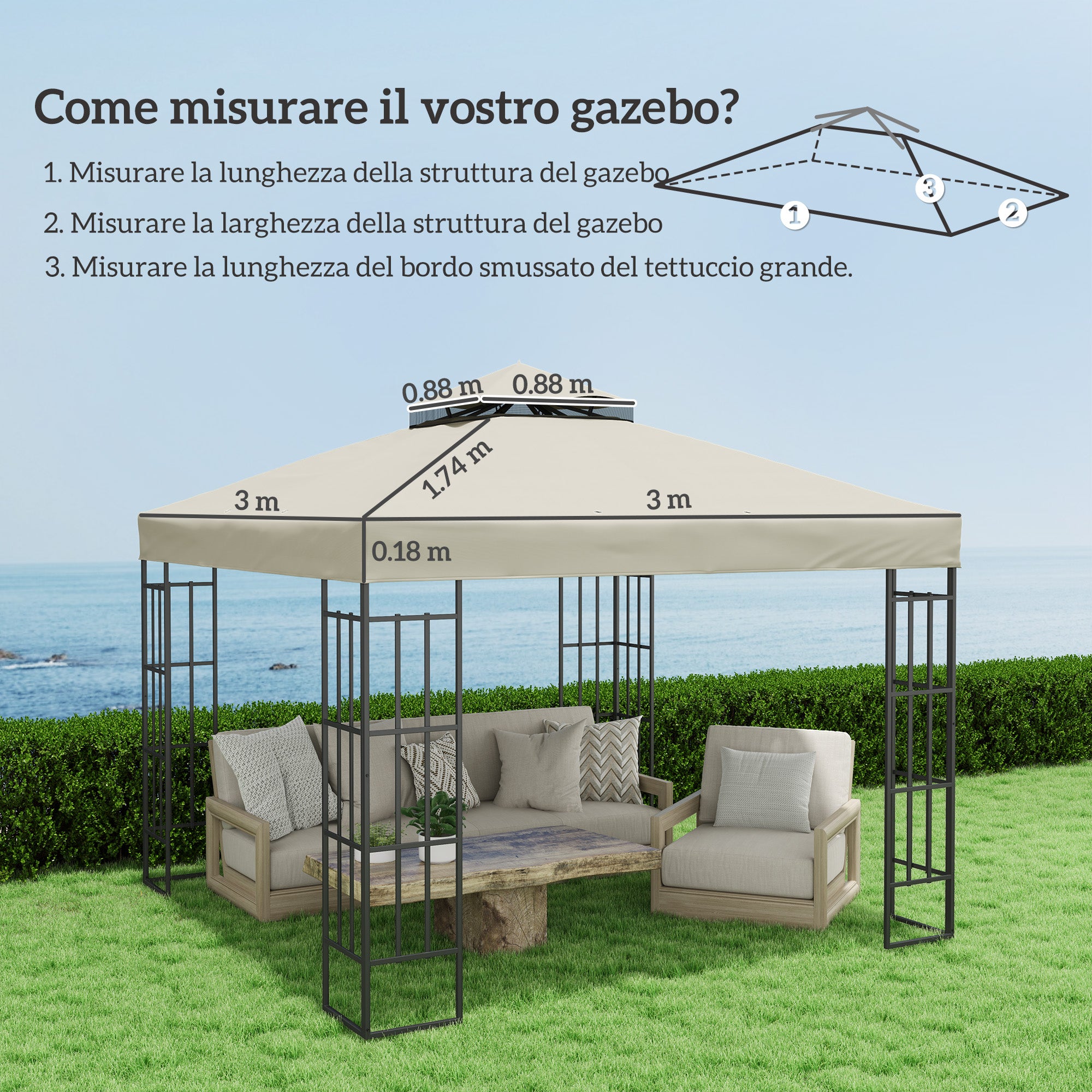 Garden Gazebo Cover 3x3m, 2-Tier UPF30+ Replacement Roof in Polyester, Cream