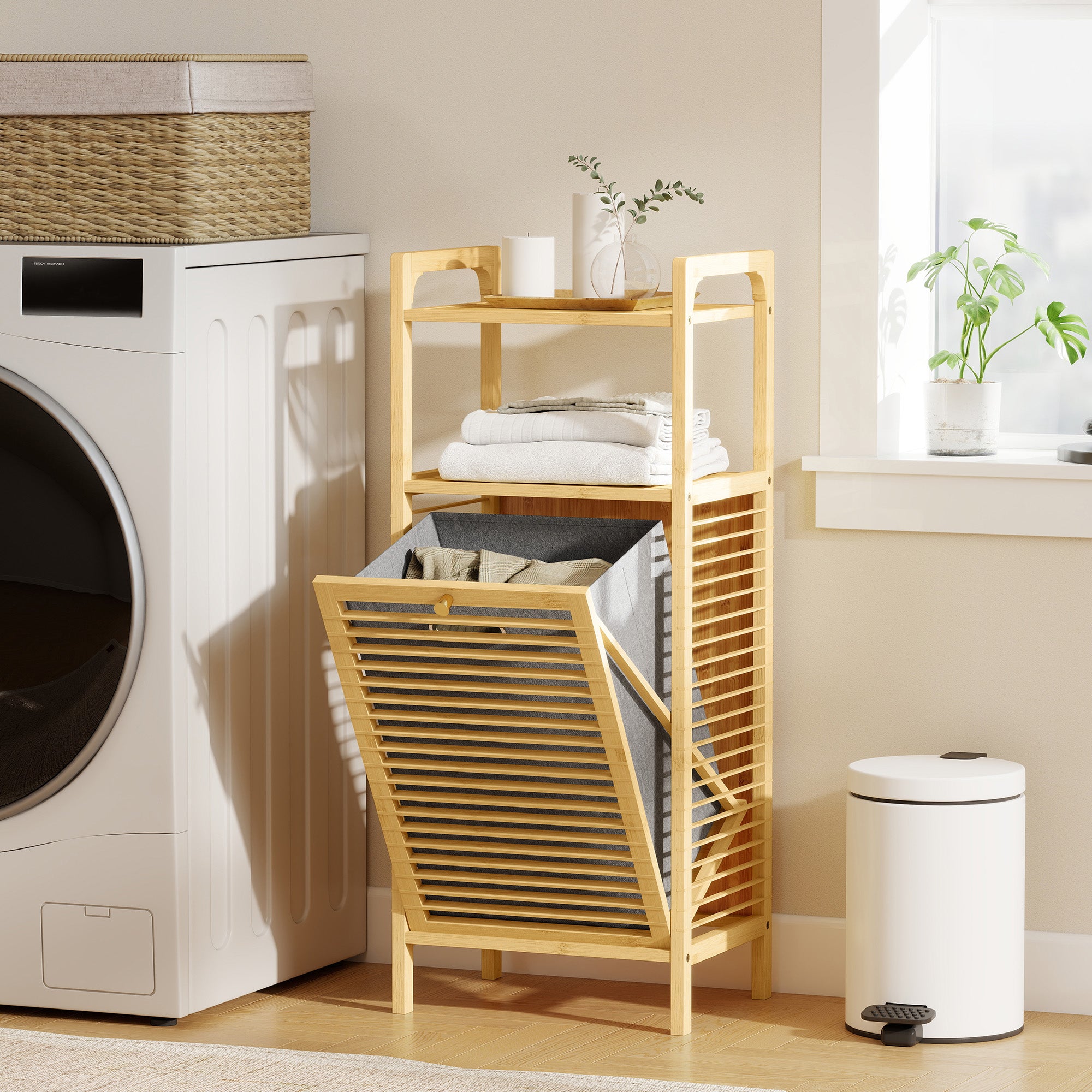Bamboo and Polyester Bathroom Cabinet with Slatted Base, Laundry Basket and Cabinet, 40x30x95 cm, Grey and Wood