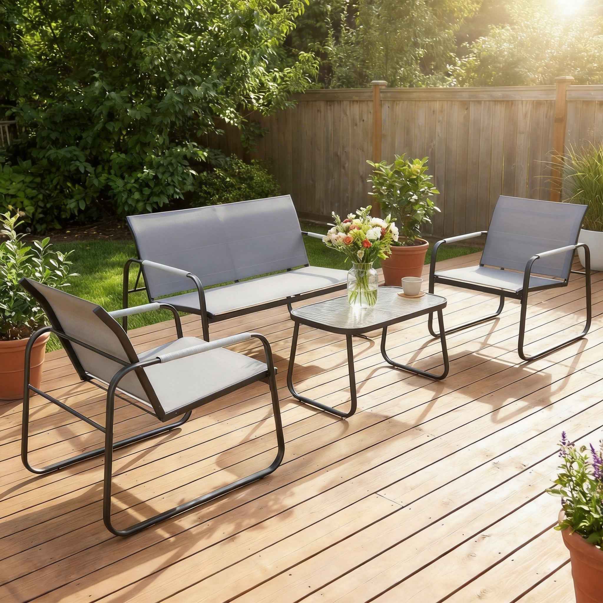 Outsunny 4-Piece Garden Set with 2-Seater Sofa, 2 Chairs and Coffee Table, Grey Metal Frame
