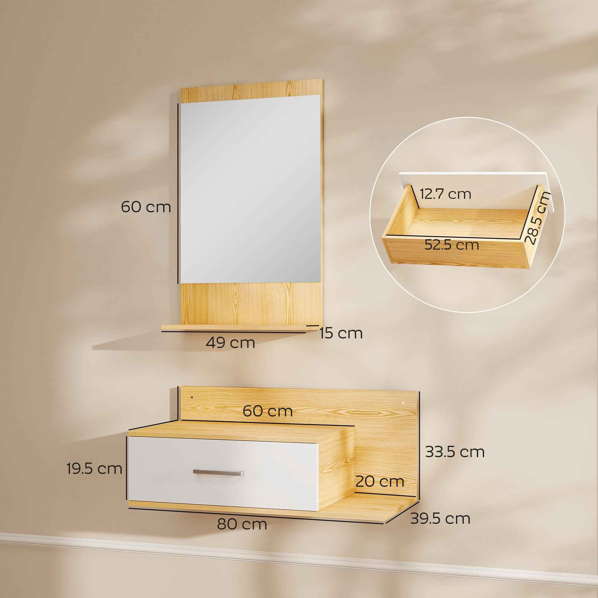 Hallway Set with Mirror, Shelf, Wall Cabinet with Drawer and 2 Open Shelves, Wood and Glass