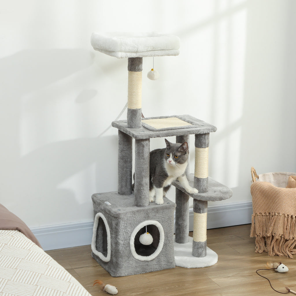 Cat Scratching Tree with House, Bed and 2 Balls, Made of Wood and Plush, 55x40x107 cm, Grey and White