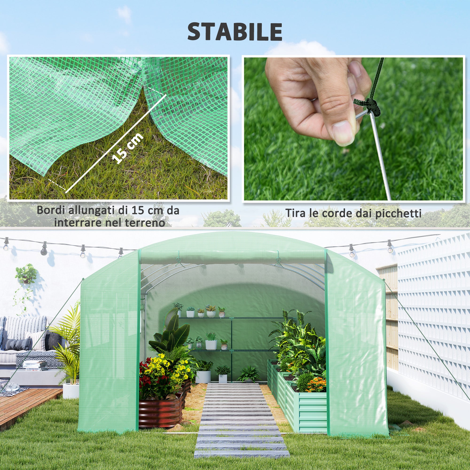 unnel Greenhouse with 3 Roller Doors and 6 Windows, in Galvanized Steel and PE, 6x3x2 m, Green