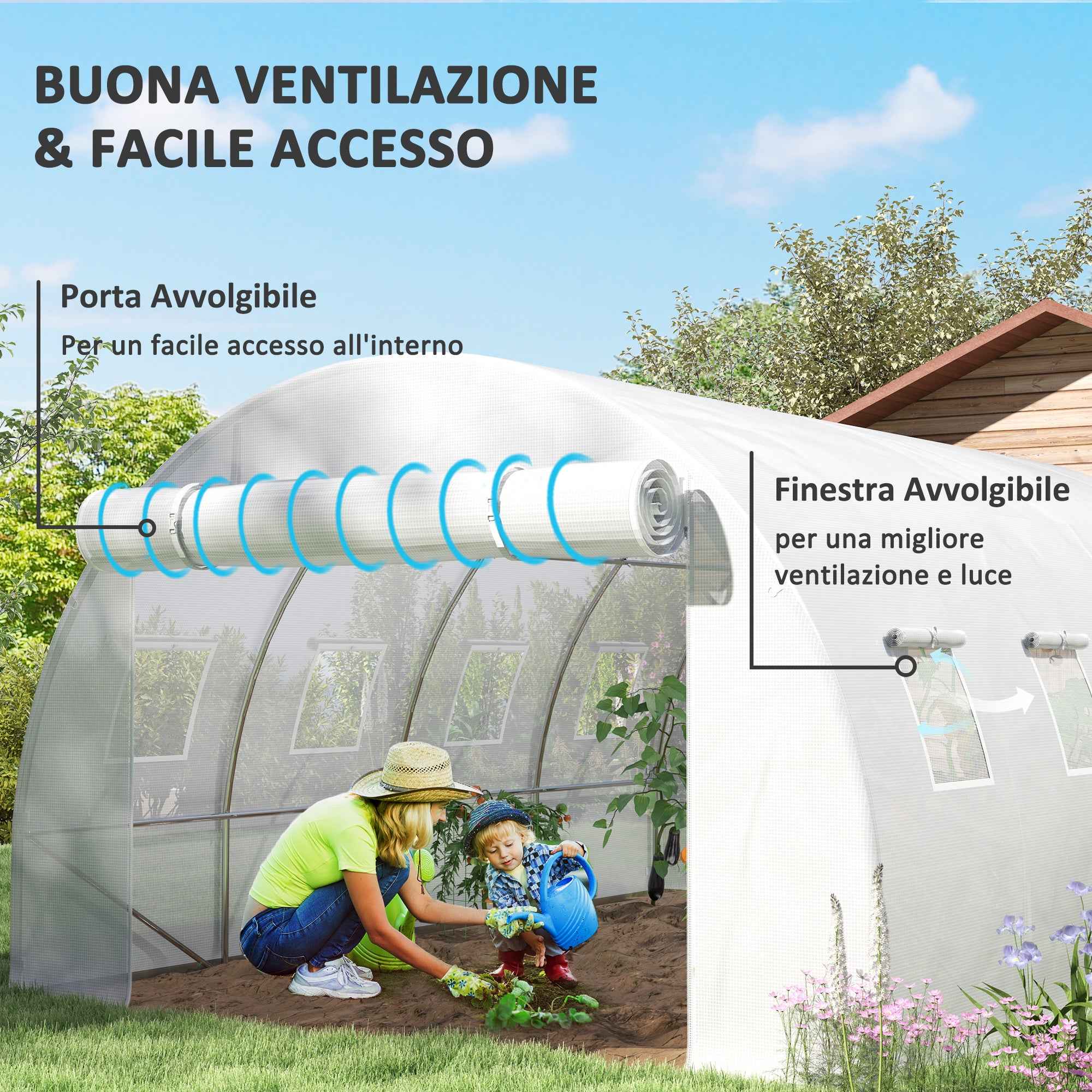 Outsunny PE Greenhouse Cover with 8 Windows, Roll-Up Door and Buried Edges, 4x3x2 m, White