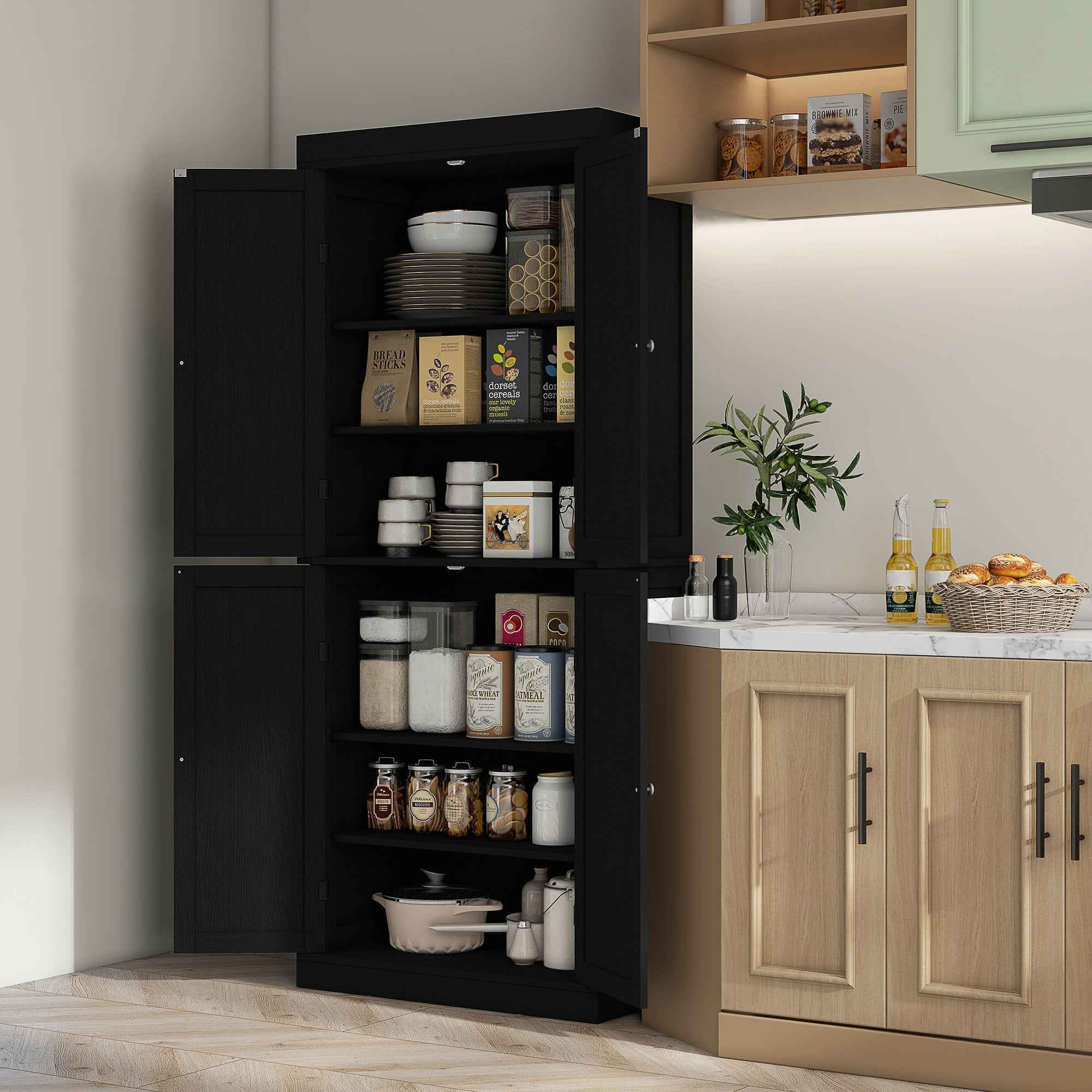 HOMCOM Tall Kitchen Cabinet with 6 Adjustable Shelves and 4 Wooden Doors, 76x40.5x184 cm, Black