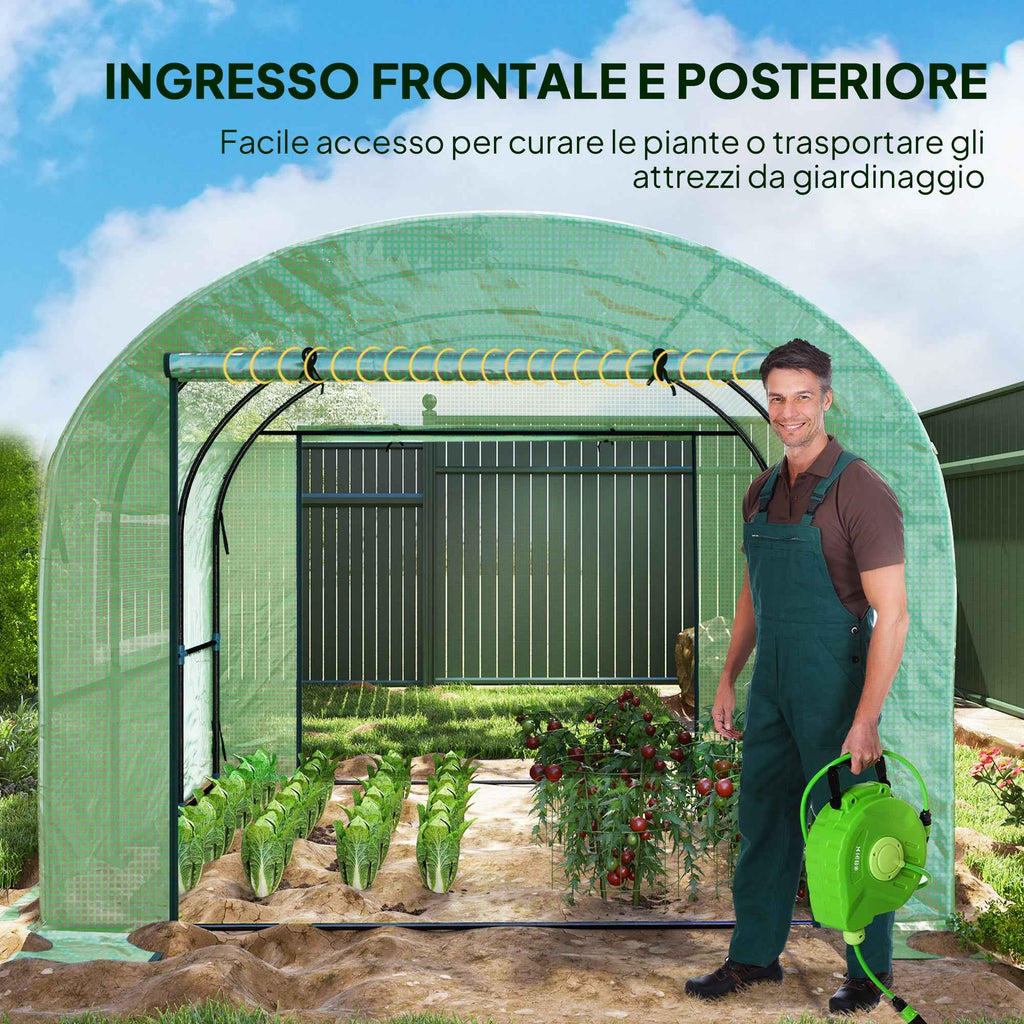 Outsunny 3x3x2 m Steel and UV-Resistant Polyethylene Tunnel Greenhouse for Vegetable Garden with Roll-Up Doors and Windows, Green