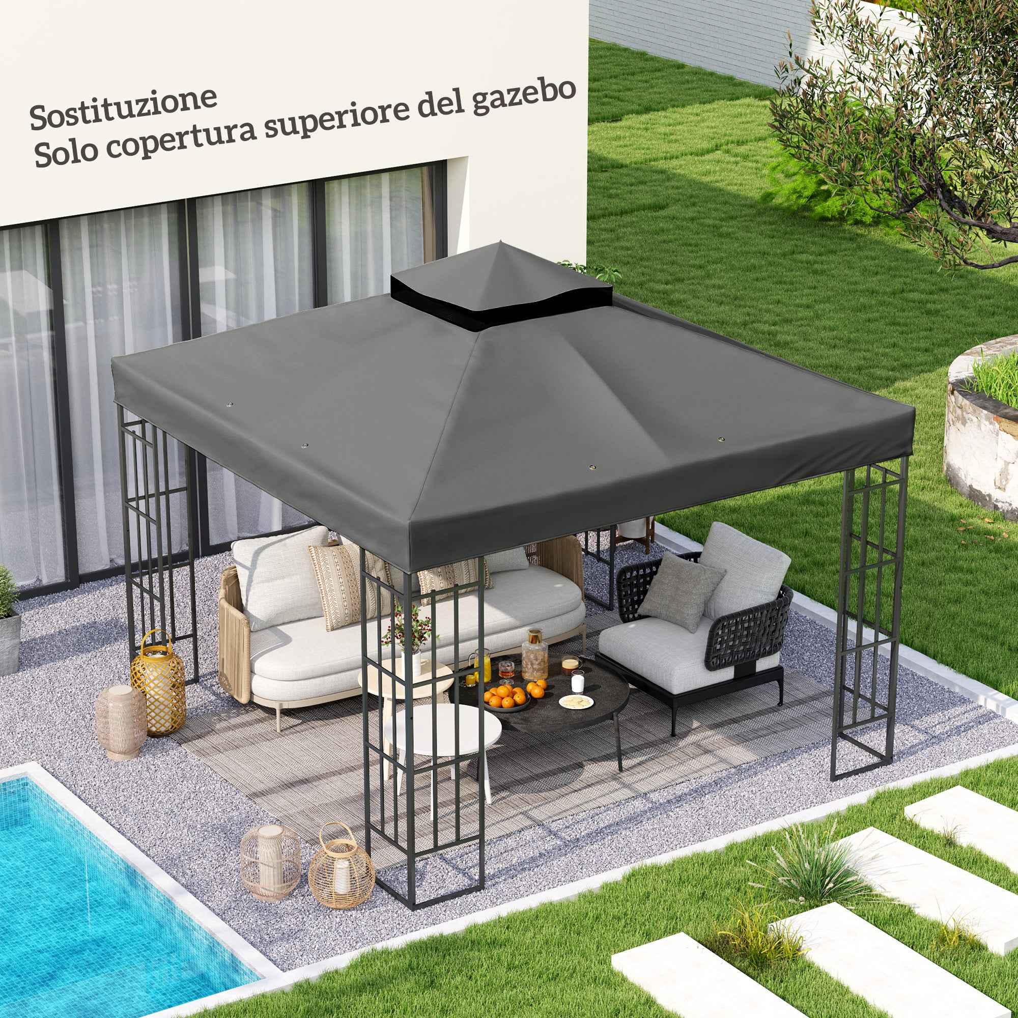 Outsunny 3x3m UPF30+ 2-Tier Dark Grey Polyester Garden Gazebo Cover