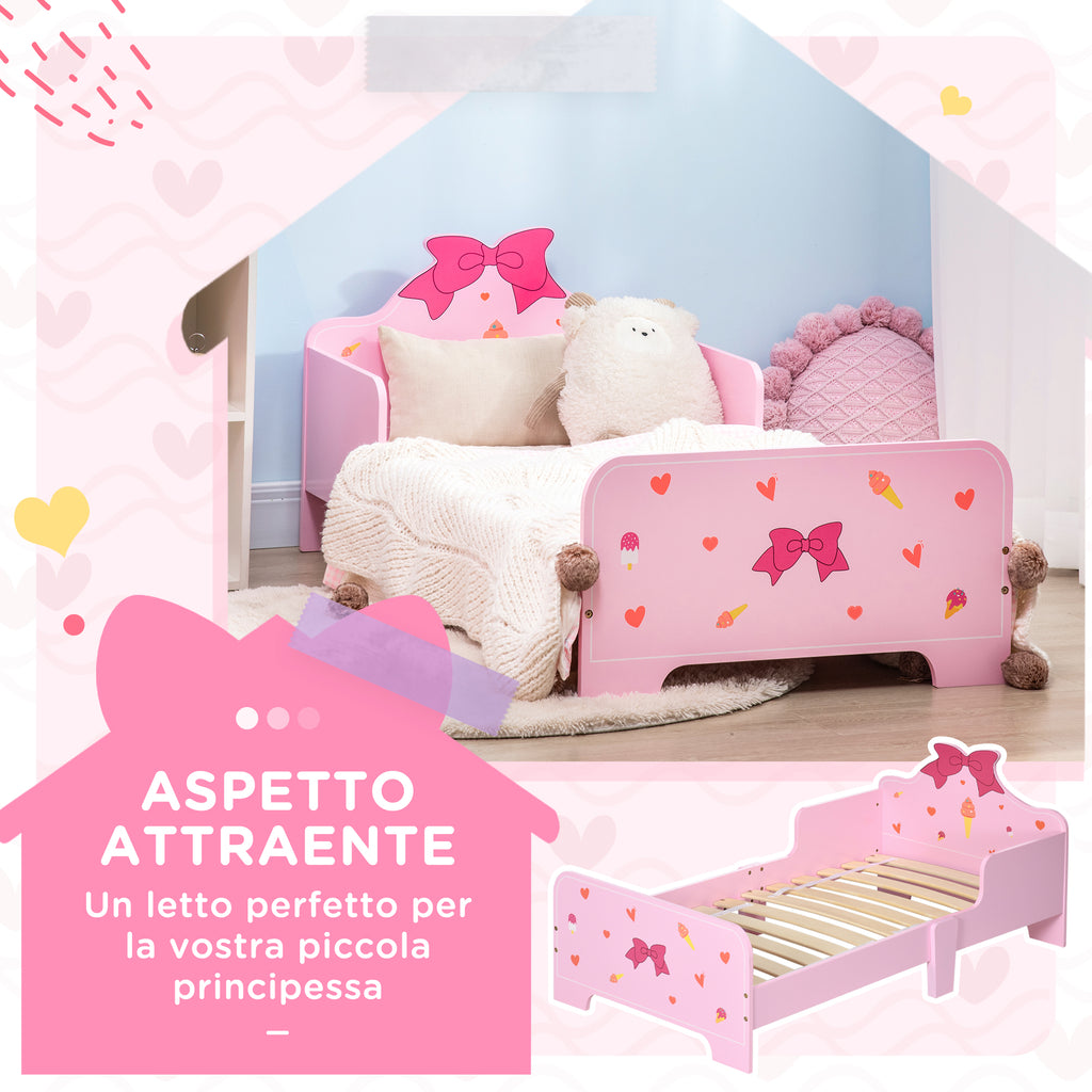 Children's Bed with Sides and Bows and Hearts Pattern, Age 3-6 Years, 143x74x59cm, Pink