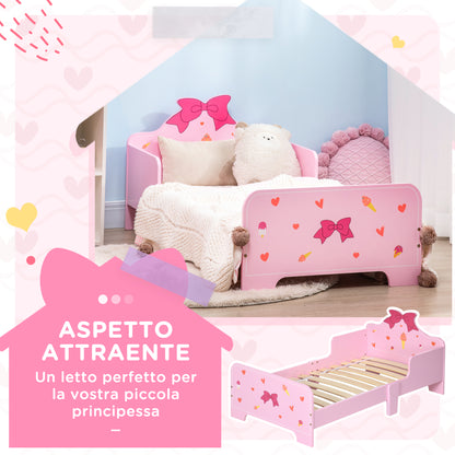 Children's Bed with Sides and Bows and Hearts Pattern, Age 3-6 Years, 143x74x59cm, Pink