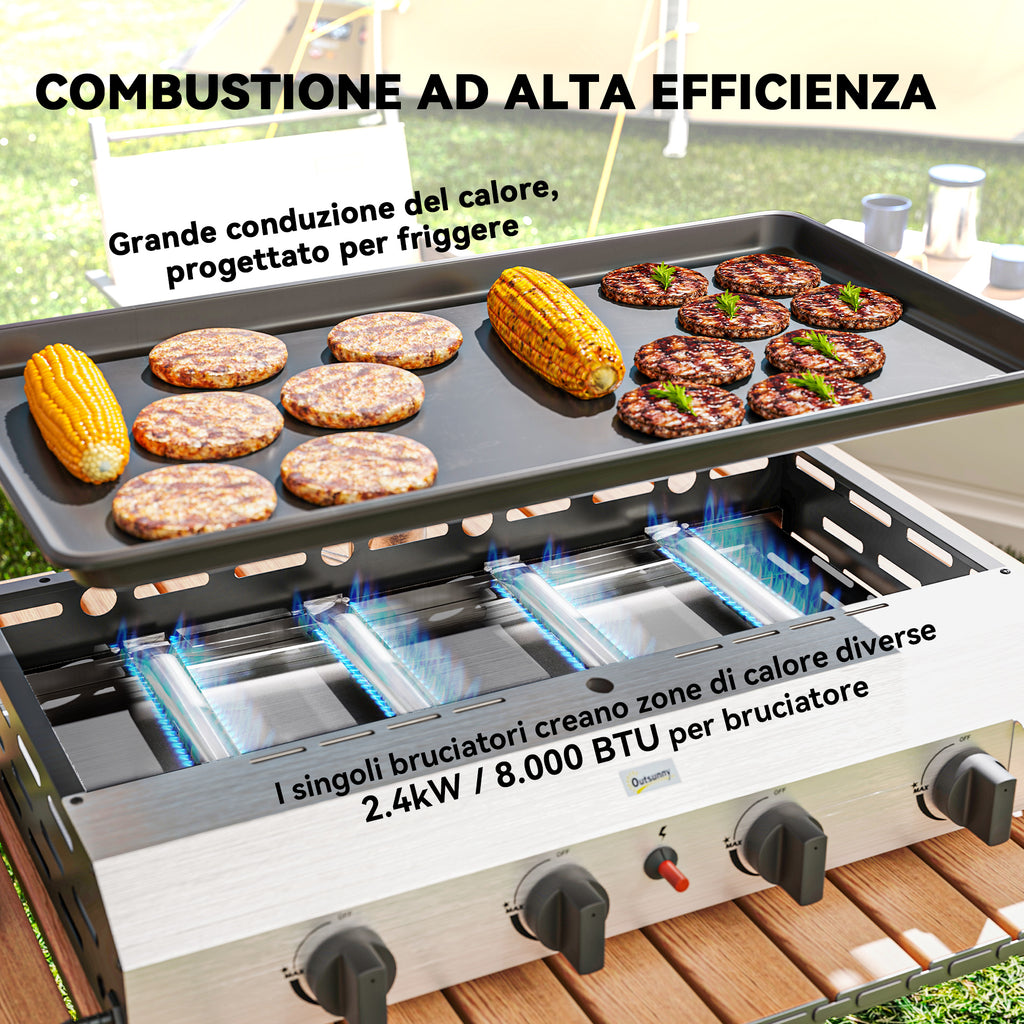 Gas Barbecue Plate with 4 Burners 2.4kw and Non-Stick Top, 77x44.5x19cm, Silver