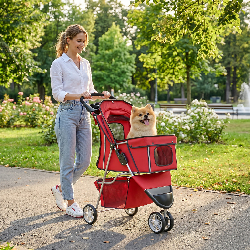 PawHut Foldable Dog Stroller with Cup Holder and Storage Basket, Red