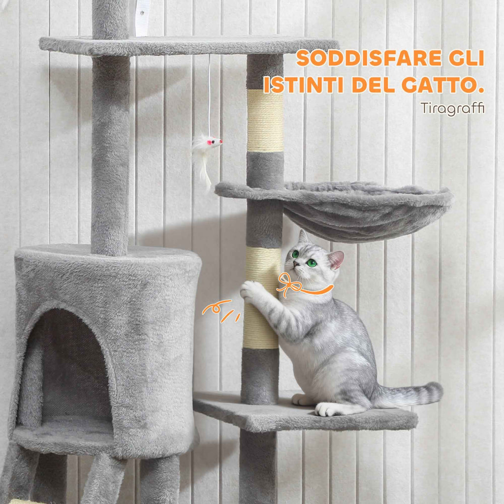 PawHut Cat Tower with House, Perch, Platforms and 4 Mice, Made of Wood, Plush and Sisal, 60x35x134 cm, Grey