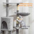 PawHut Cat Tower with House, Perch, Platforms and 4 Mice, Made of Wood, Plush and Sisal, 60x35x134 cm, Grey