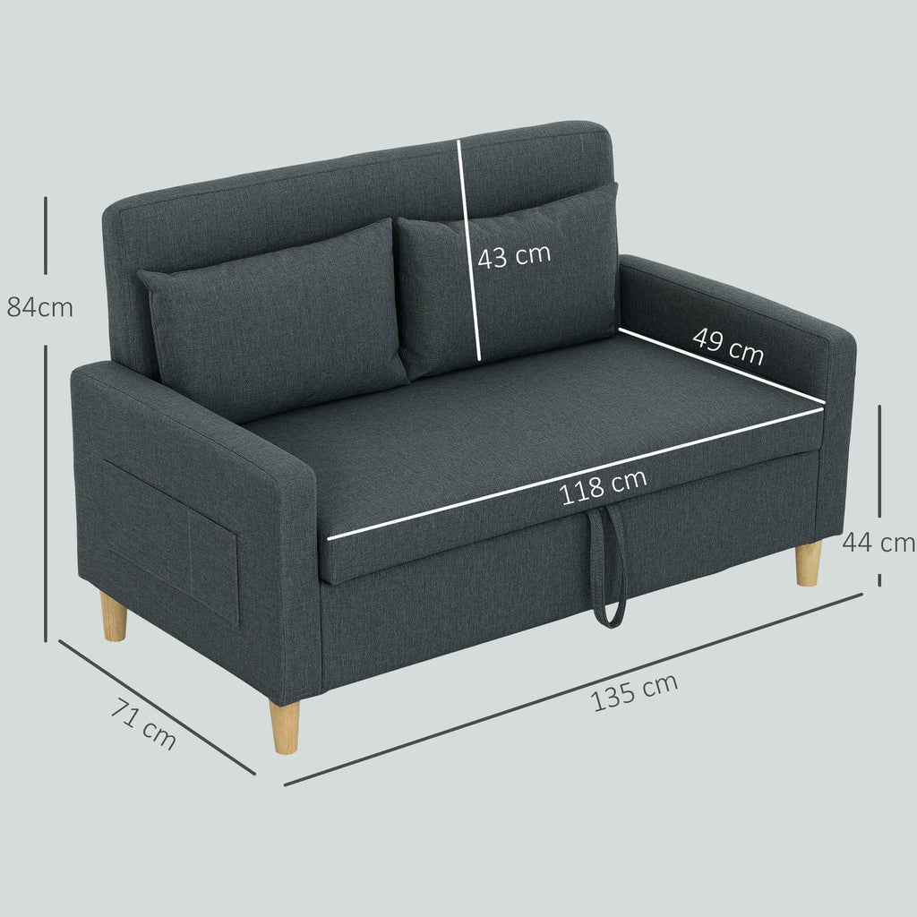 HOMCOM 2-Seater Sofa with Storage Space and Cushions, in Linen and Wood Effect Fabric, 135x72x84 cm, Dark Grey