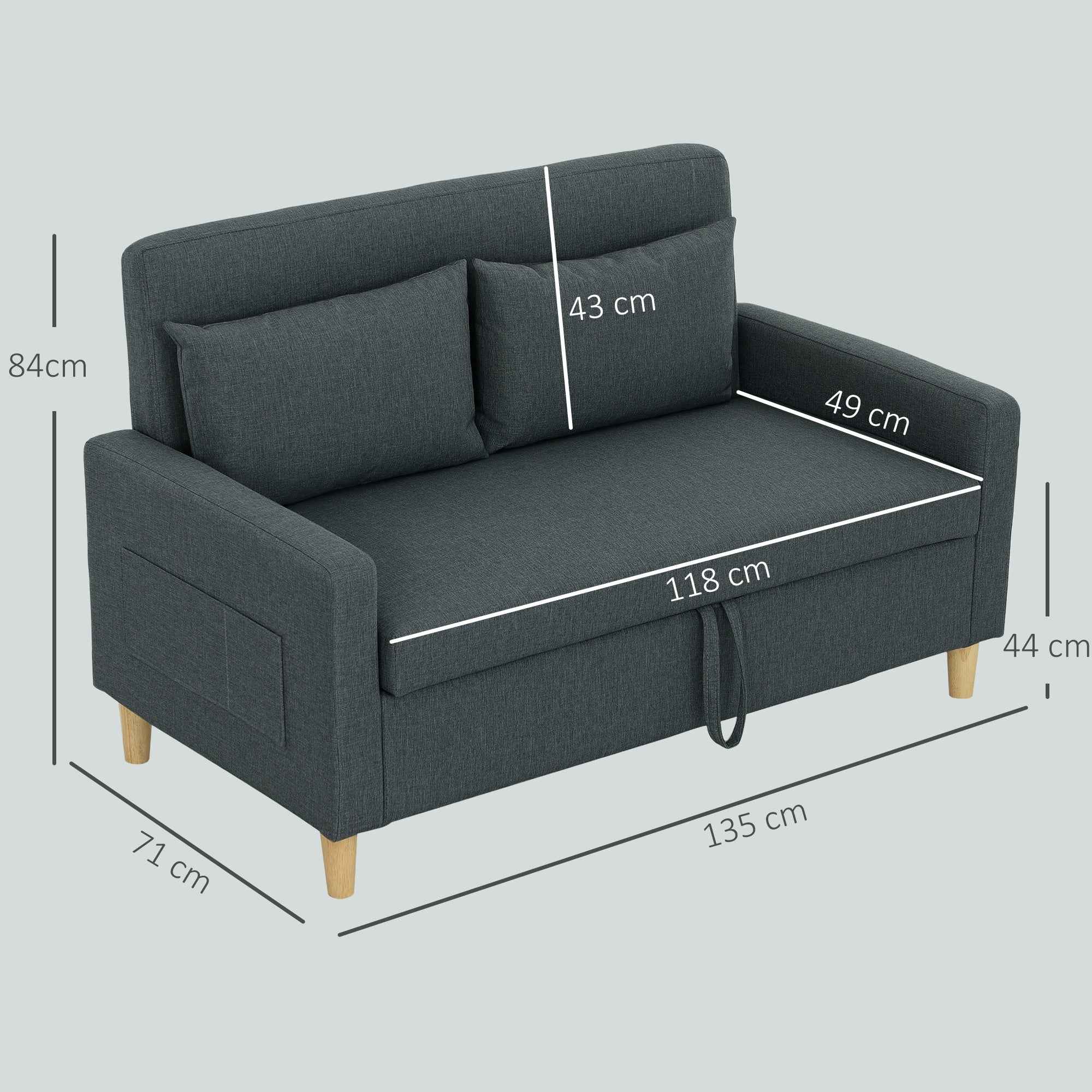 HOMCOM 2-Seater Sofa with Storage Space and Cushions, in Linen and Wood Effect Fabric, 135x72x84 cm, Dark Grey