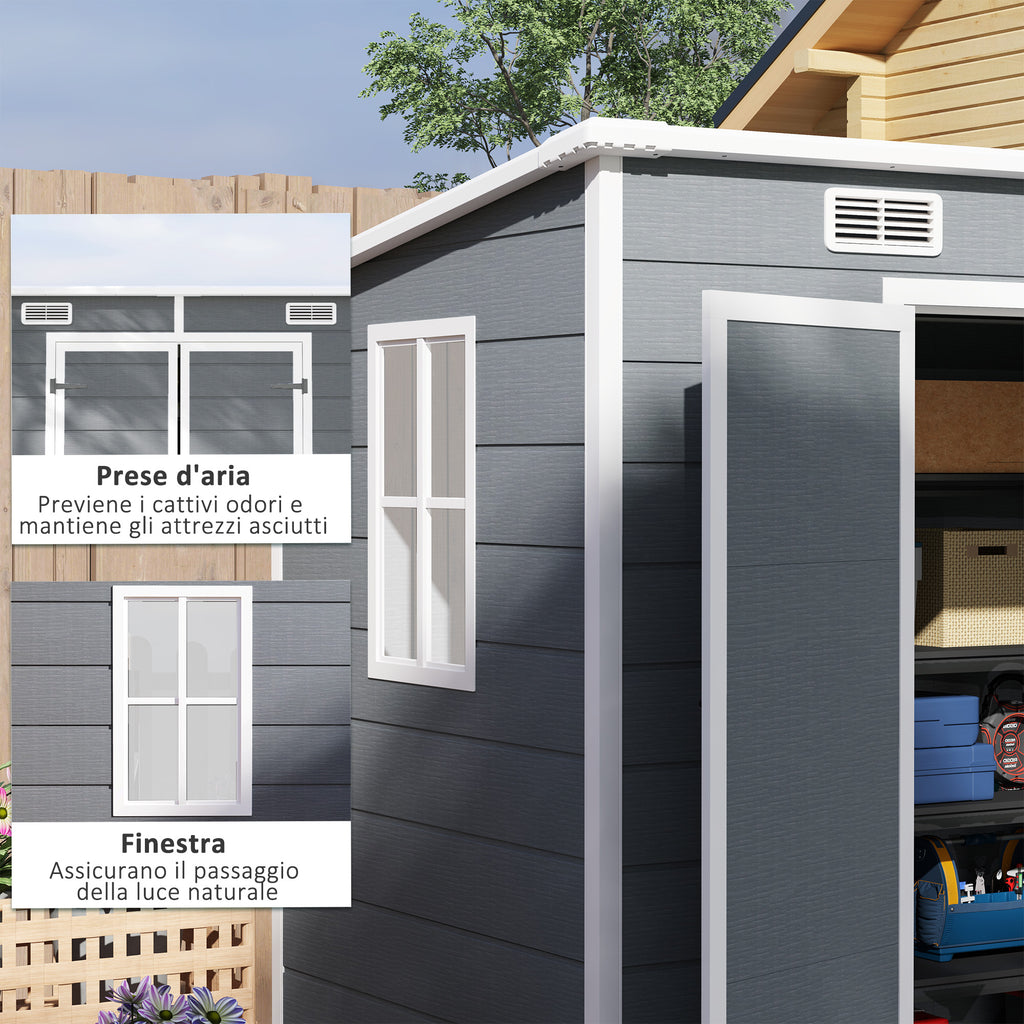 Resin Garden Shed with Floor, 2 Locking Doors, Window, 2.4 x 1.3 m, Grey