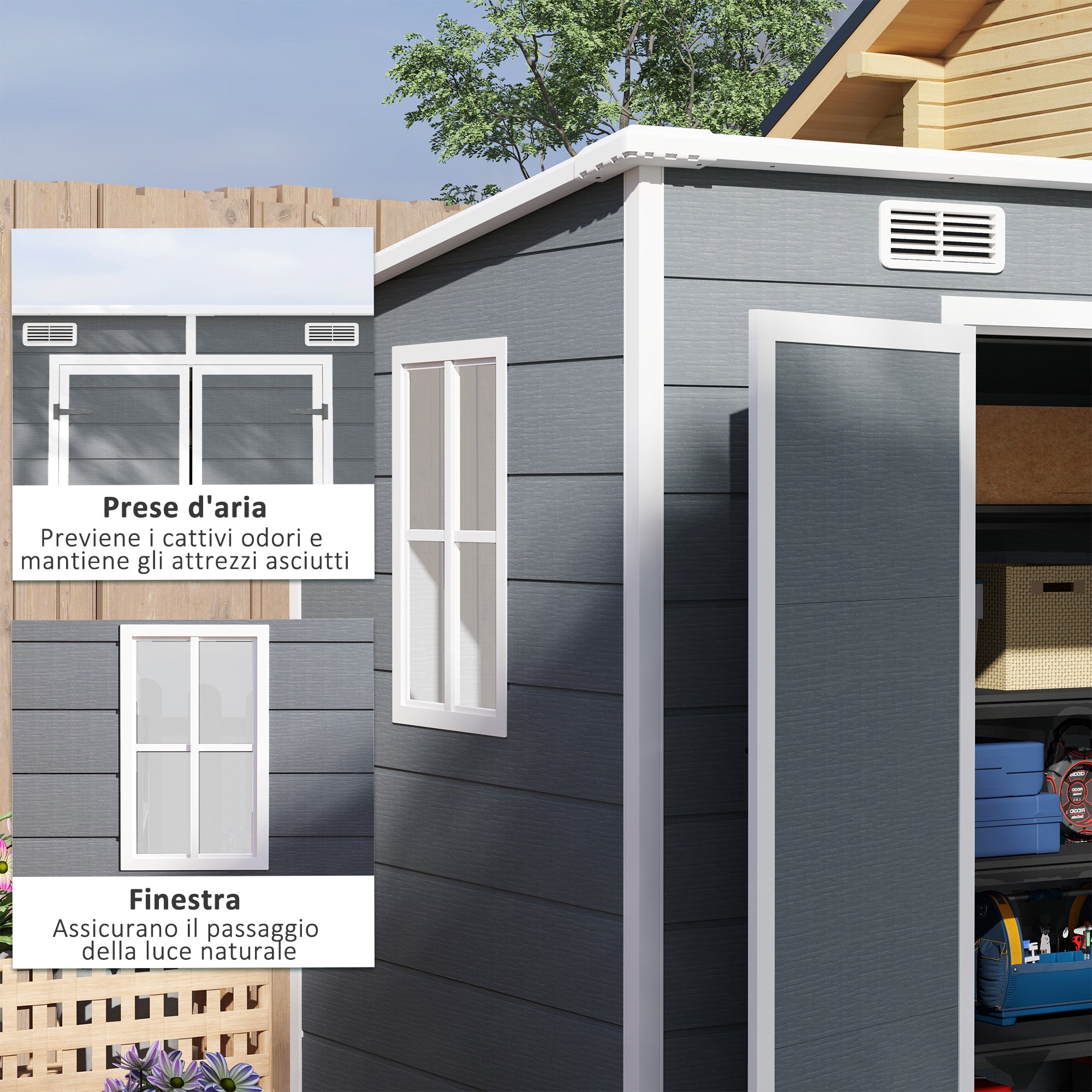 Resin Garden Shed with Floor, 2 Locking Doors, Window, 2.4 x 1.3 m, Grey