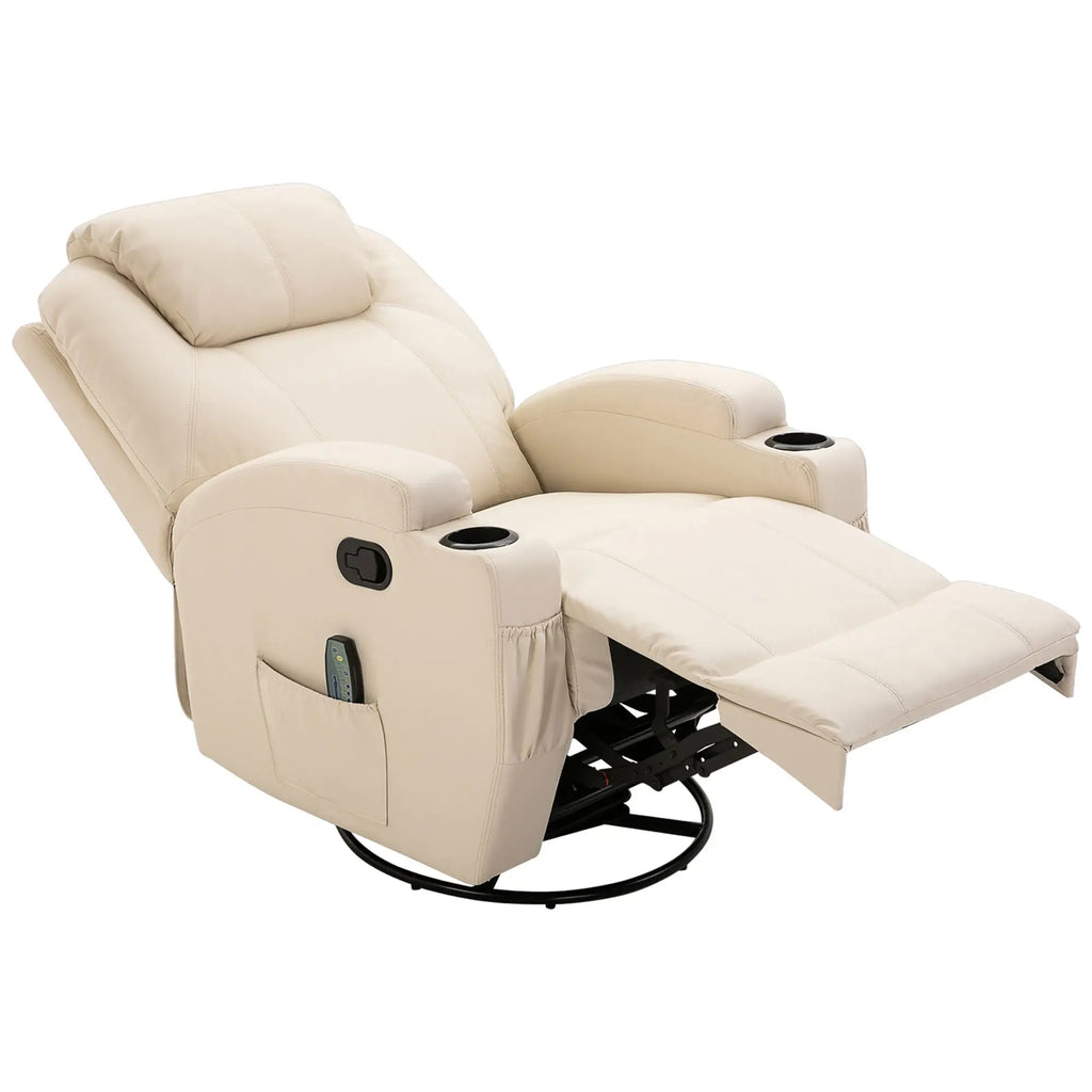 Manual Reclining Massage Chair, Electric Swivel Relax Chair with 2 Cup Holders, Remote Control, Footrest and 4 Side Pockets, in PU Leather, Wood and Steel, Cream