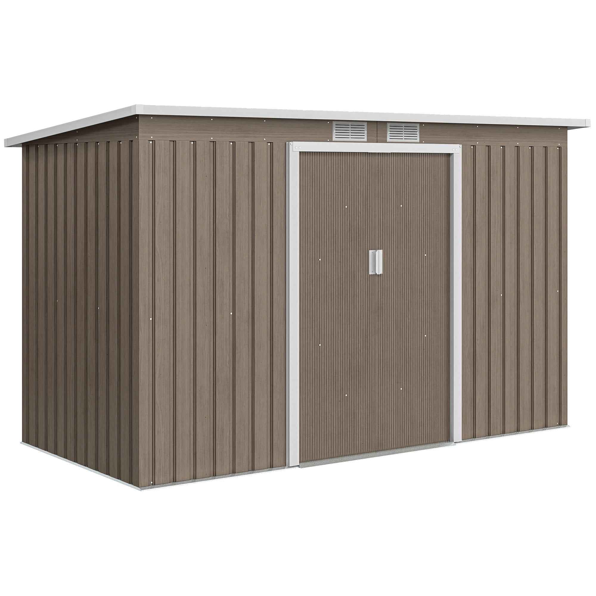 Outsunny Steel Garden Shed with 2 Vents and 2 Sliding Doors, 280x130x172 cm, Brown Wood