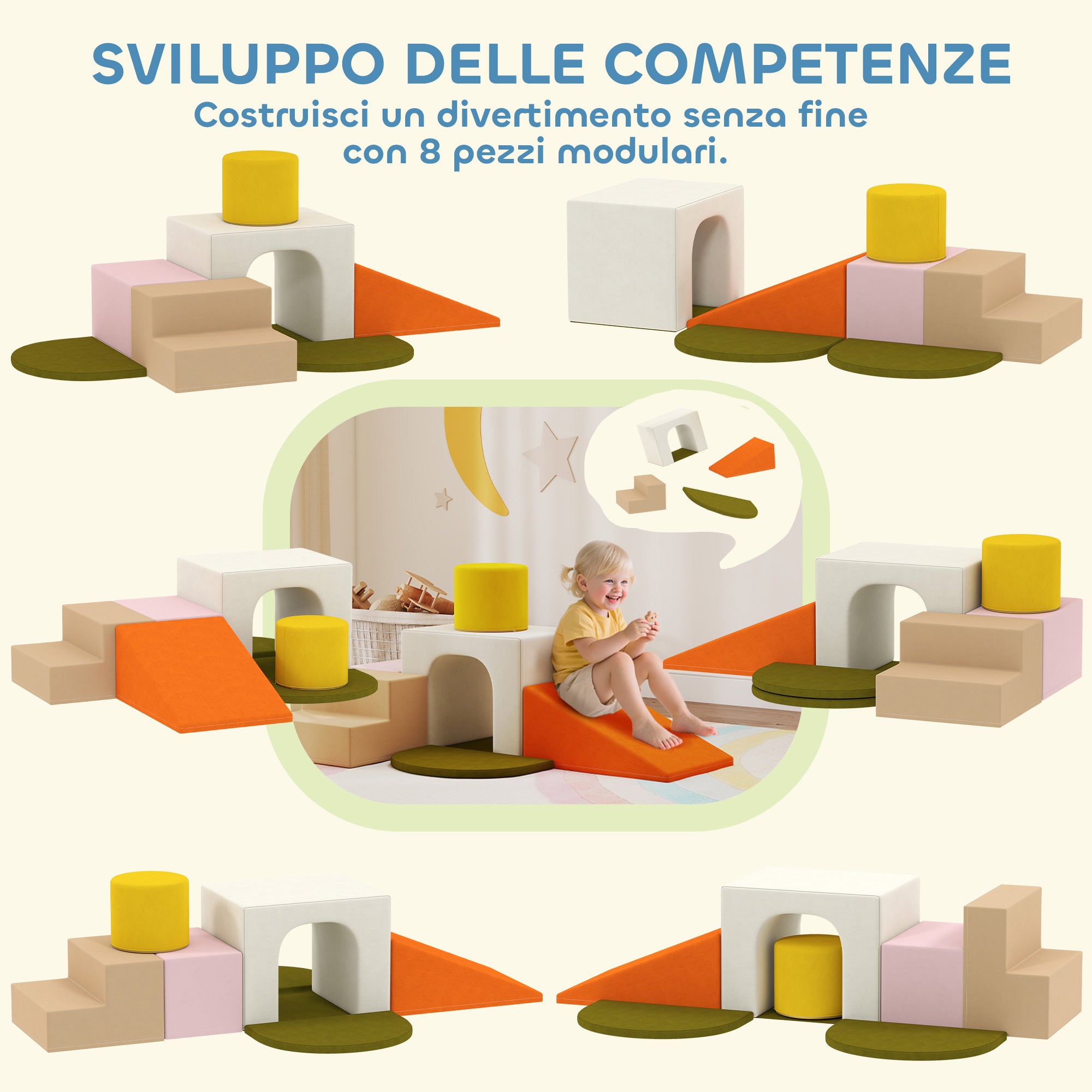 8-Piece Soft Building Blocks Set for Children 0-3 Years Old Indoor, in Velvet and PU Foam Orange