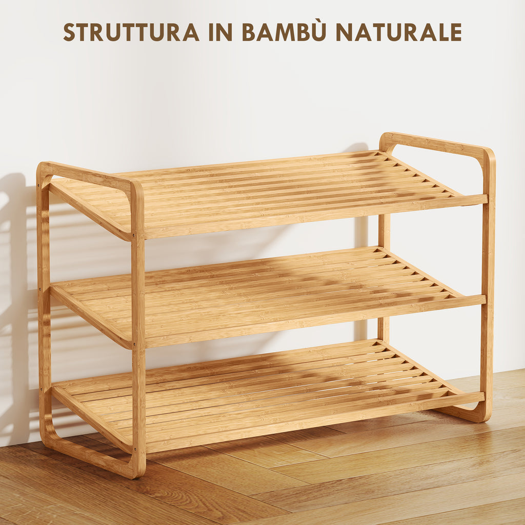 3-Tier Shoe Rack with Bamboo Slatted Shelves for 12 Shoes, 76 x 33 x 50.8 cm, Wood Color