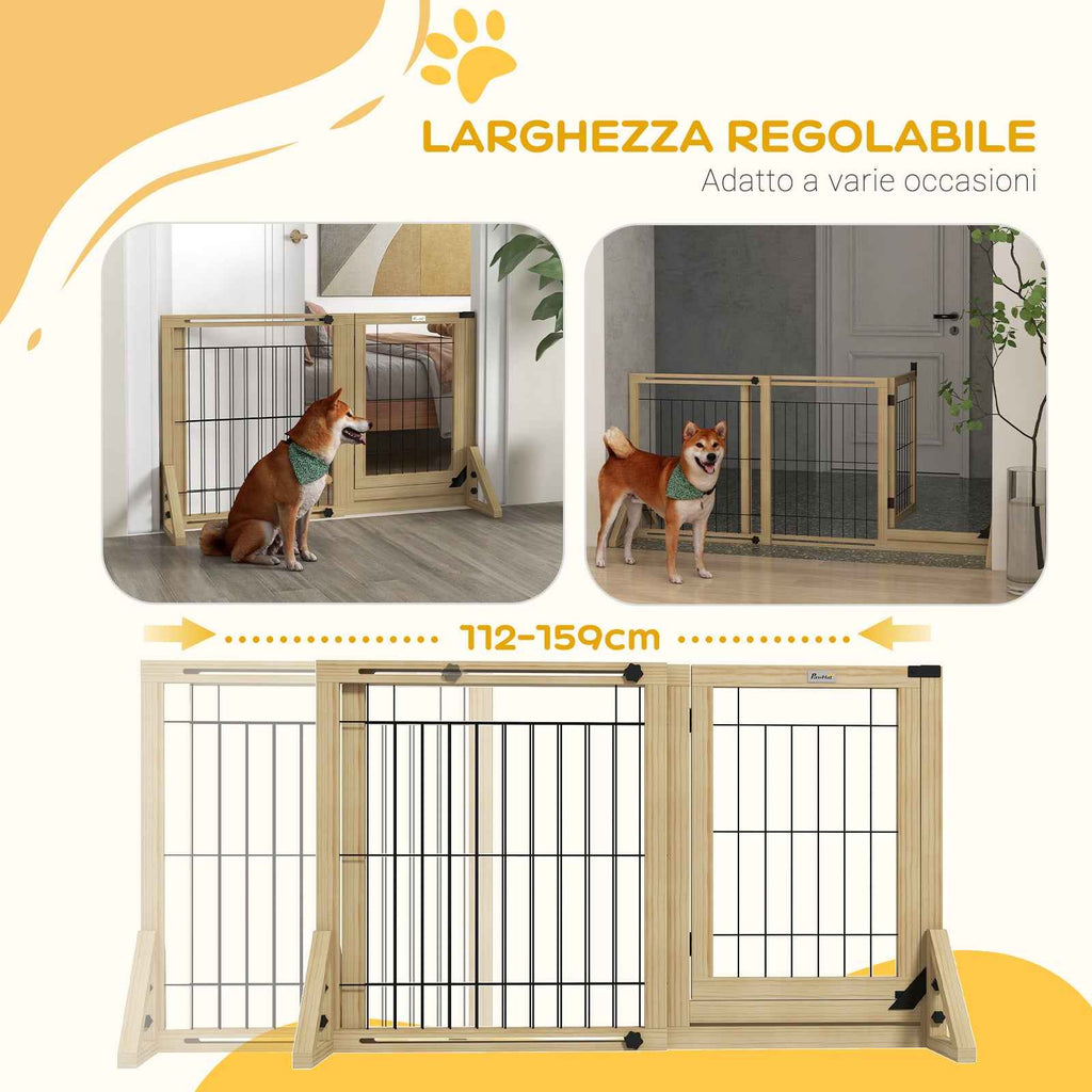 PawHut Extendable Dog Gate with Door and 2 Panels, Triangular Feet, 112-159x70 cm, Natural Wood