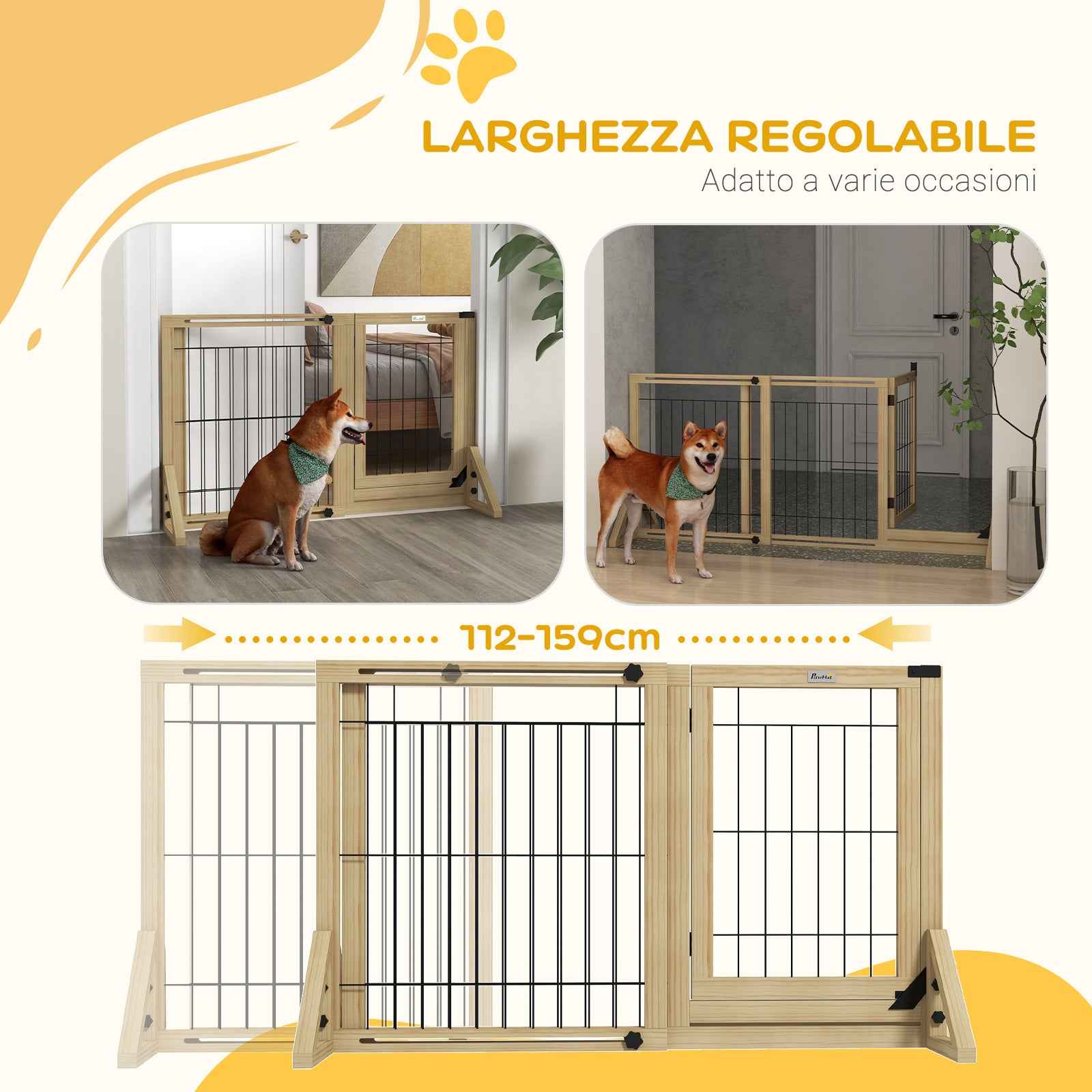 PawHut Extendable Dog Gate with Door and 2 Panels, Triangular Feet, 112-159x70 cm, Natural Wood