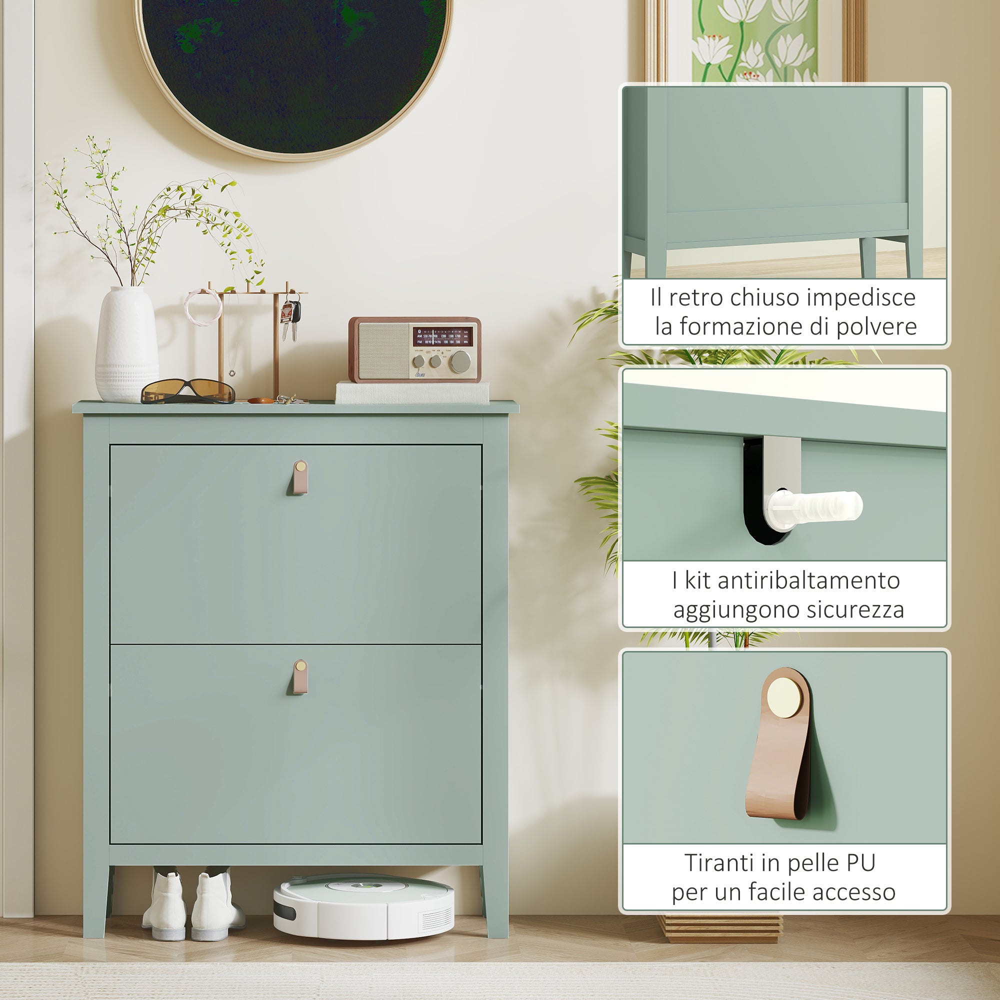 Slim Shoe Rack 2 Drawers for 14 Pairs of Shoes Size EU44 and Adjustable Shelves, 80x24x95.5cm, Green